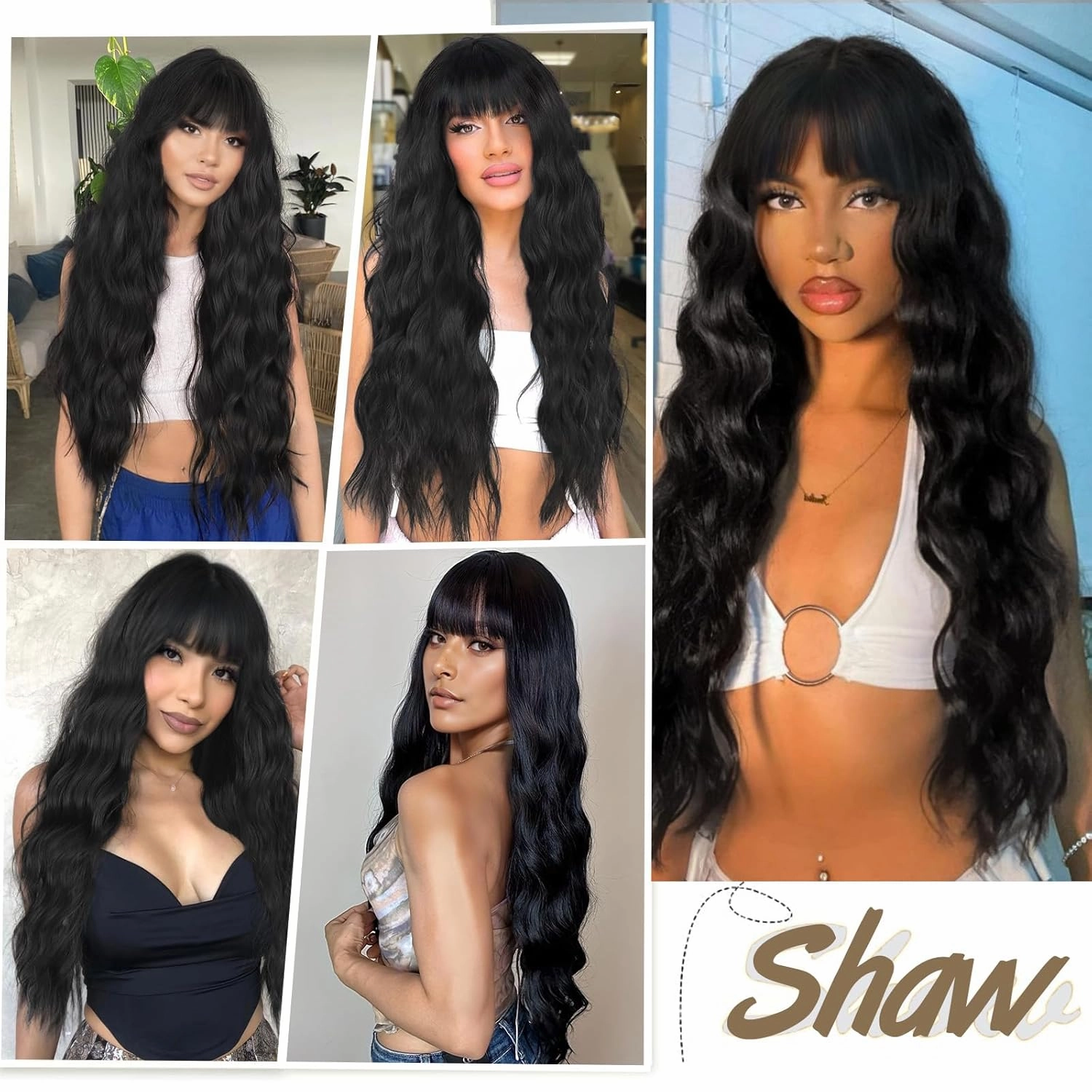 30 Inch Long Black Wigs with Bangs Long Wavy Wigs for Women Natural looking Wig Synthetic Curly Wavy Hair Replacement Wigs for Daily Party Use