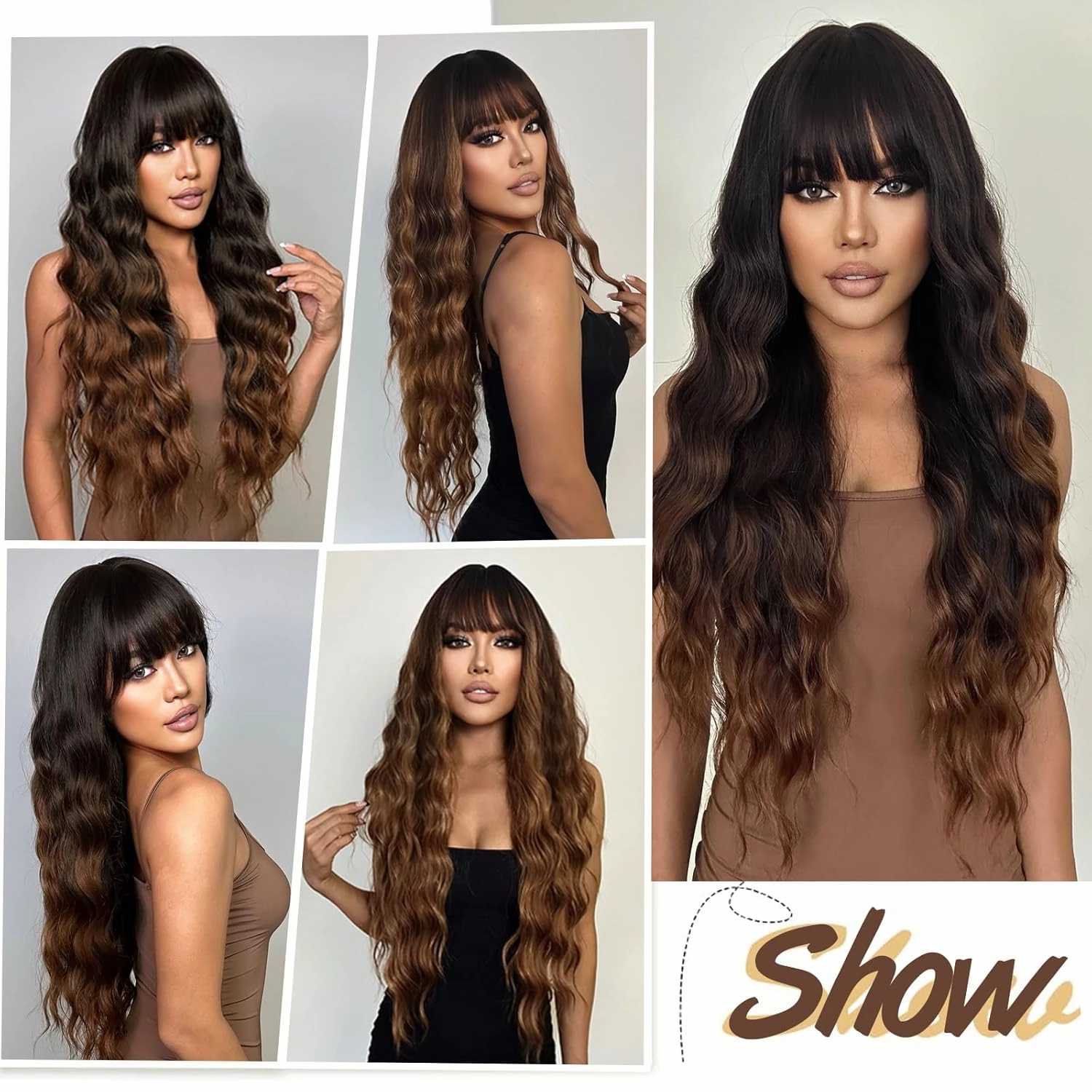30 Inch Long Wigs with Bangs Ombre Brown Wigs for Women Brown Mixed Blonde Highlight Wig Synthetic Curly Wavy Heat Resistant Wigs for Daily Party Use