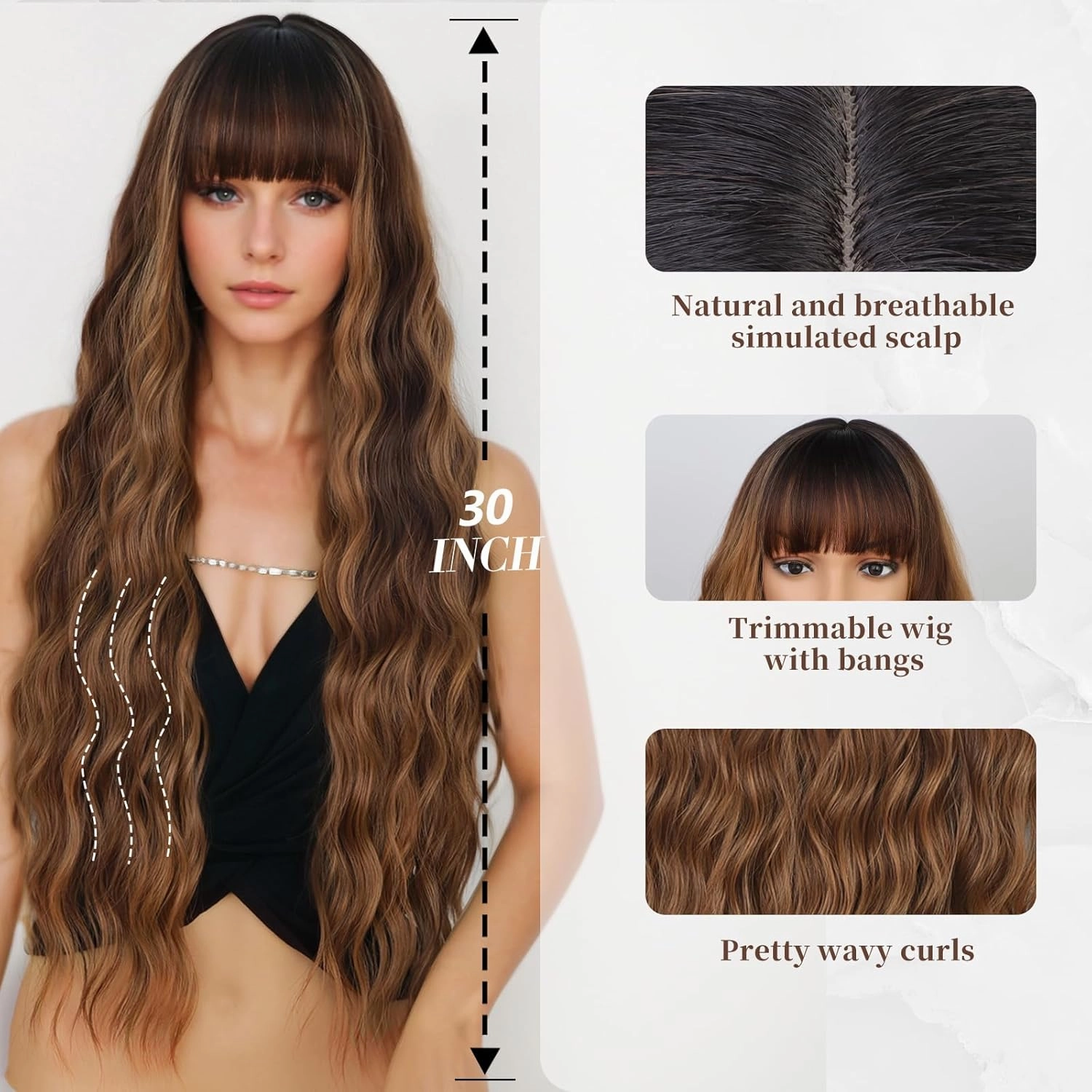 30 Inch Long Wigs with Bangs Ombre Brown Wigs for Women Brown Mixed Blonde Highlight Wig Synthetic Curly Wavy Heat Resistant Wigs for Daily Party Use