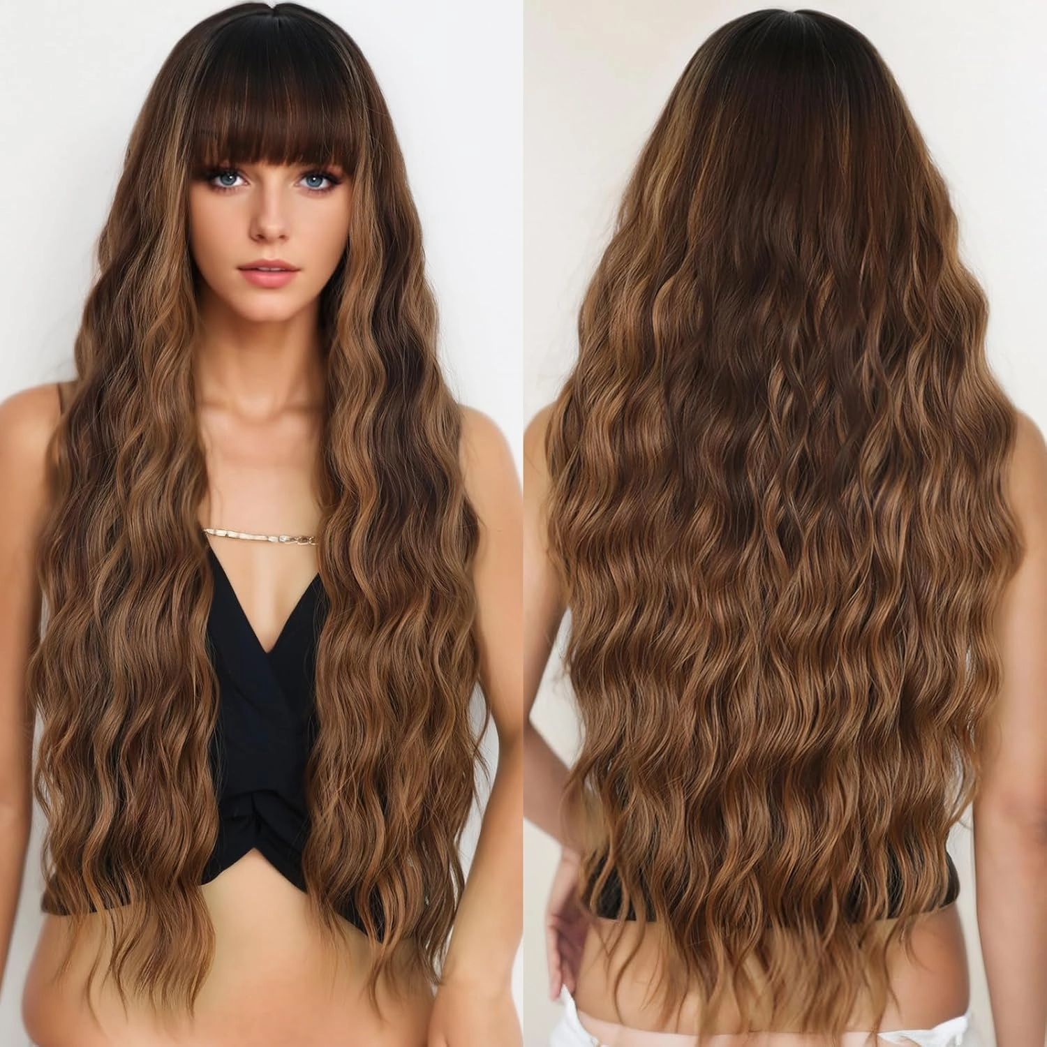 30 Inch Long Wigs with Bangs Ombre Brown Wigs for Women Brown Mixed Blonde Highlight Wig Synthetic Curly Wavy Heat Resistant Wigs for Daily Party Use