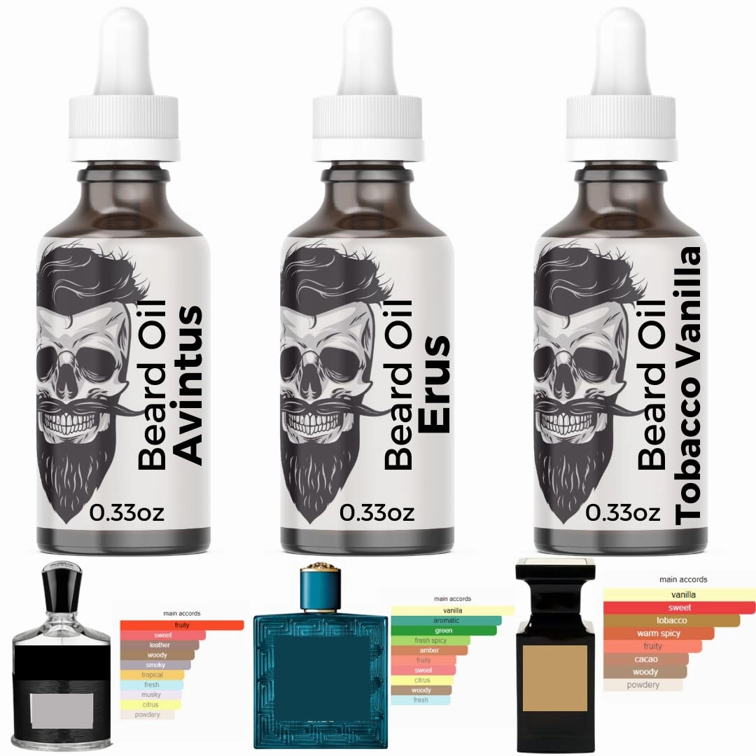 3 Bottle Sample Pack 11 Natural Anti-Aging Cologne Scented Beard Oils For All Men, Beard Growth and Conditioner | Dry Flaky Dandruff skin | Oily Skin (Avintus, Erus, Tobacco Vanilla)