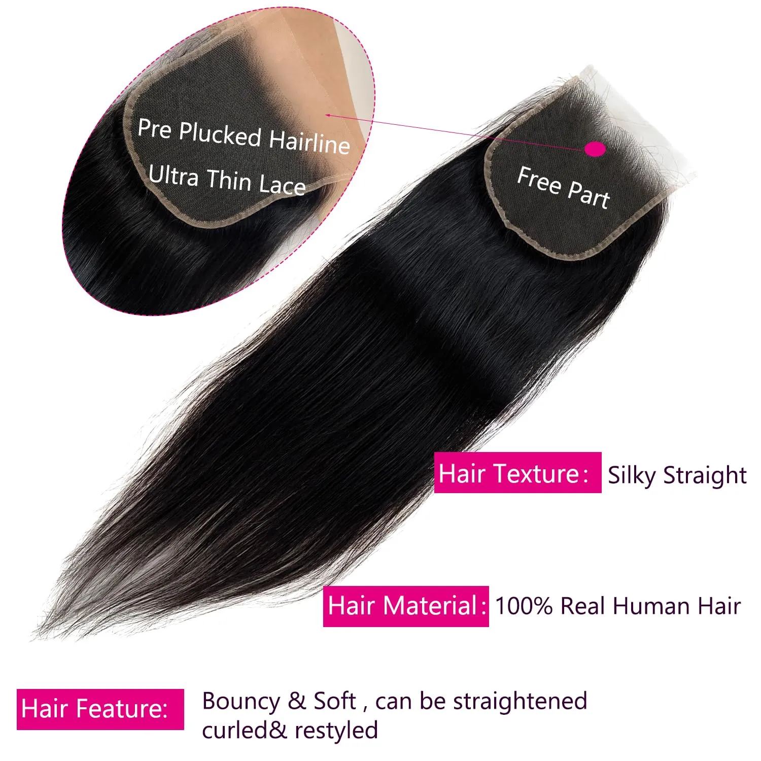 5x5 HD Lace Closure, Ultra-thin Invisible HD Lace Closure Tiny Single Knot Pre-Plucked with Baby Hair 12A Grade Brazilian Virgin Straight Hair Undetectable Melted Lace Closure Human Hair 20 Inch