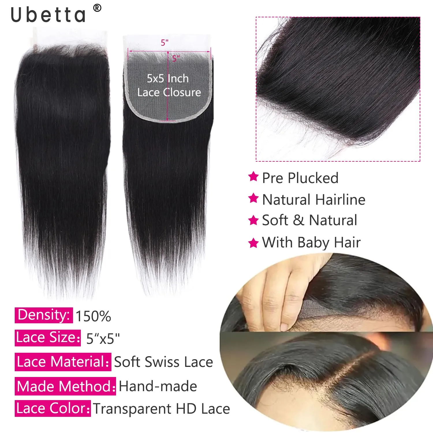 5x5 HD Lace Closure, Ultra-thin Invisible HD Lace Closure Tiny Single Knot Pre-Plucked with Baby Hair 12A Grade Brazilian Virgin Straight Hair Undetectable Melted Lace Closure Human Hair 20 Inch