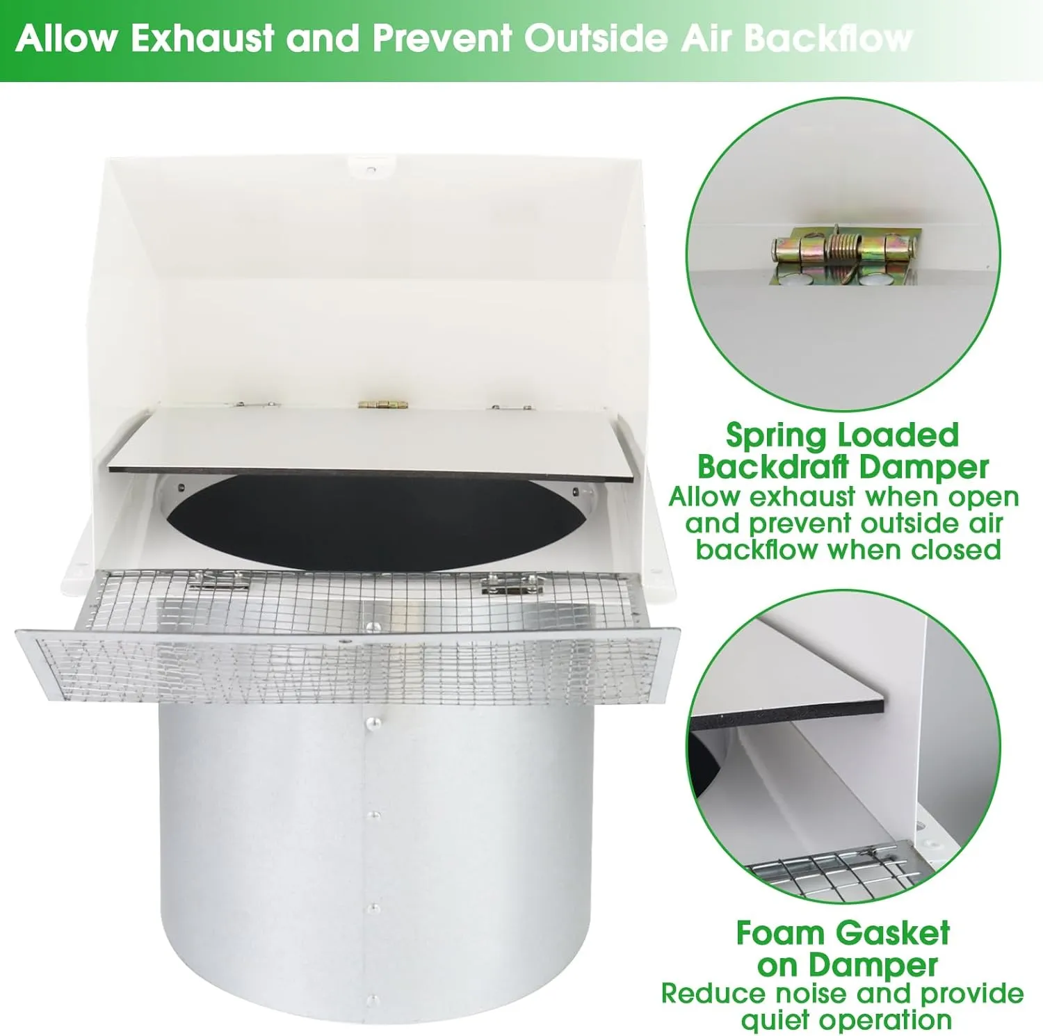 6 Inch Hooded Wall Vent with Screen and Damper,Wall Exhaust Vent Cover Cap,Dryer Vent Cover Outside,External Extractor Wall Vent Hood for House Kitchen Range Hood Air Ventilation,Galvanized Steel,Whit