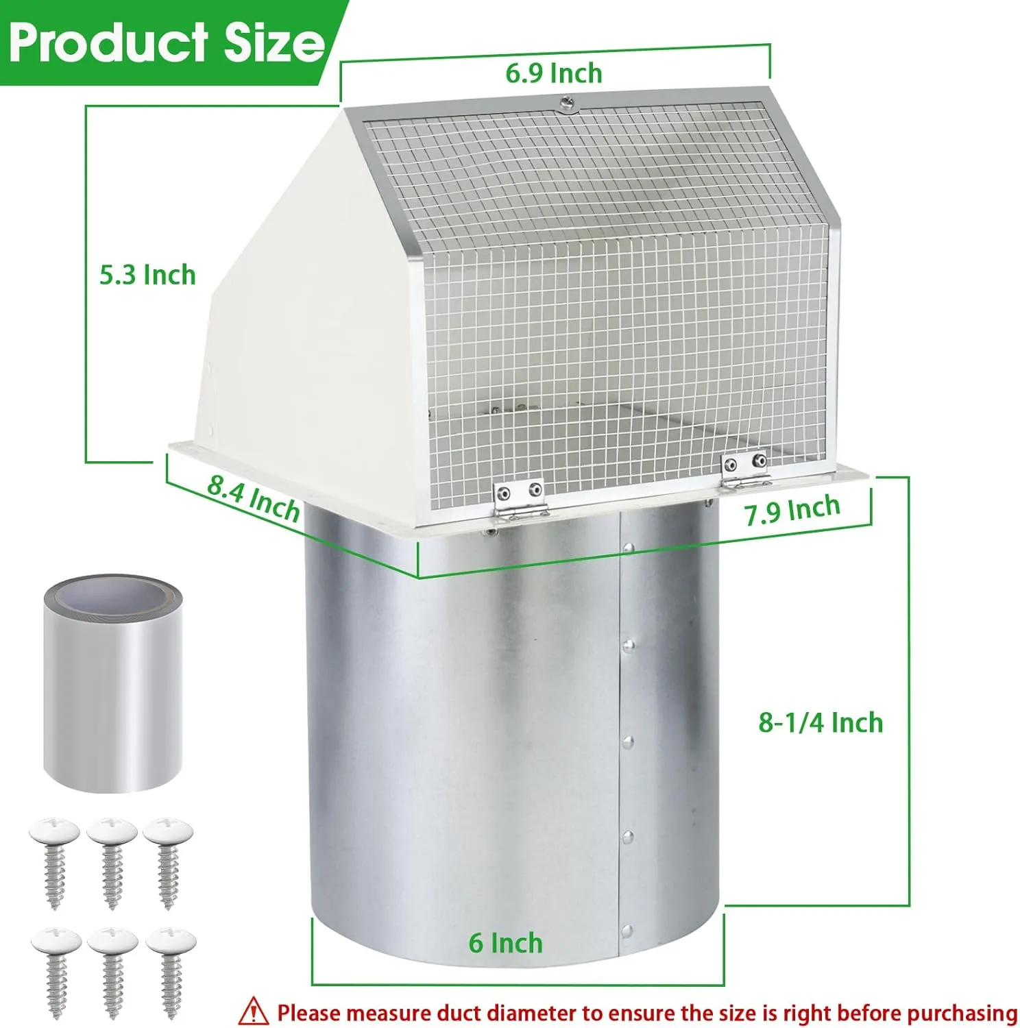 6 Inch Hooded Wall Vent with Screen and Damper,Wall Exhaust Vent Cover Cap,Dryer Vent Cover Outside,External Extractor Wall Vent Hood for House Kitchen Range Hood Air Ventilation,Galvanized Steel,Whit