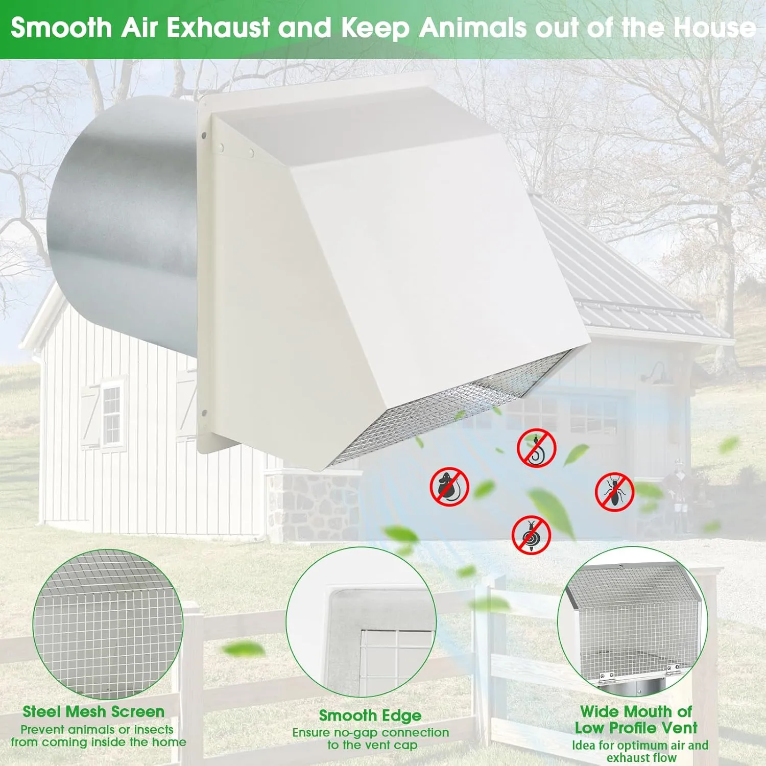 6 Inch Hooded Wall Vent with Screen and Damper,Wall Exhaust Vent Cover Cap,Dryer Vent Cover Outside,External Extractor Wall Vent Hood for House Kitchen Range Hood Air Ventilation,Galvanized Steel,Whit