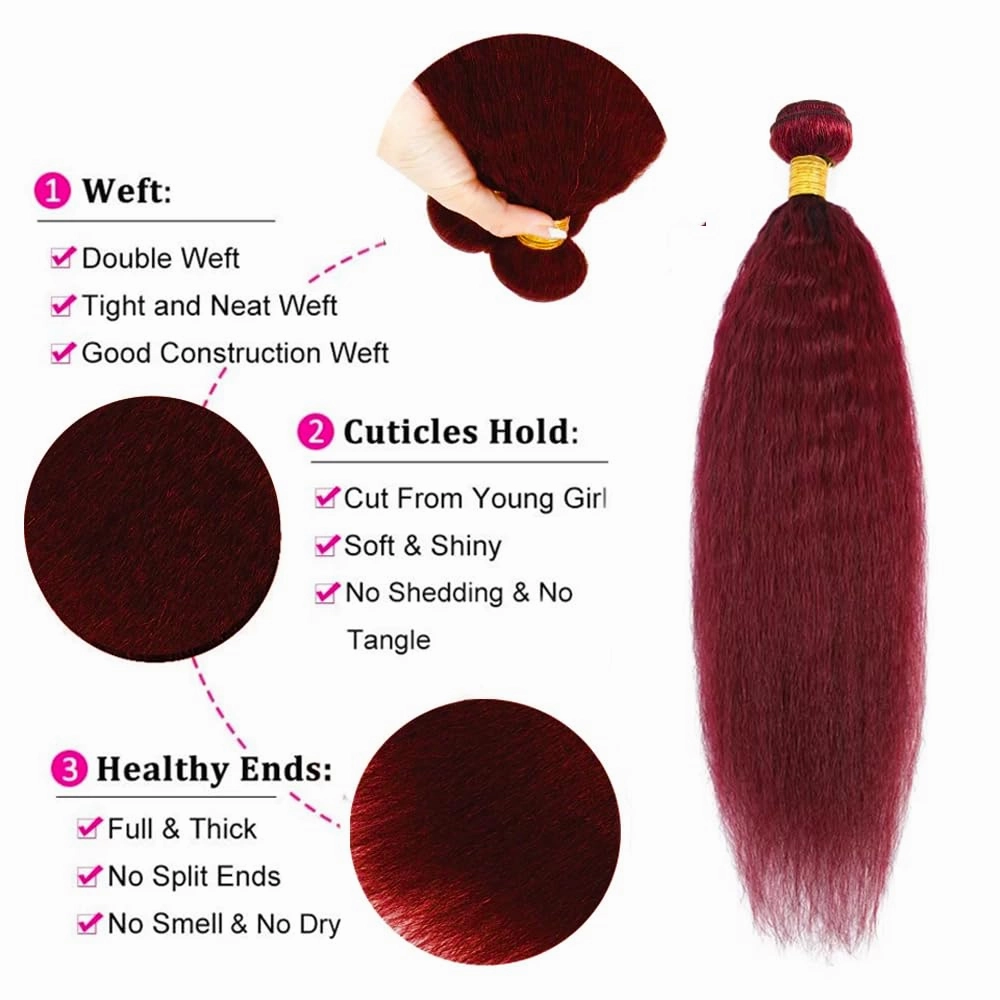 99J Human Hair Bundles Burgundy Kinky Straight Bundles Red Yaki Human Hair Bundle 20 20 20 inch 99j Yaki Straight Bundle