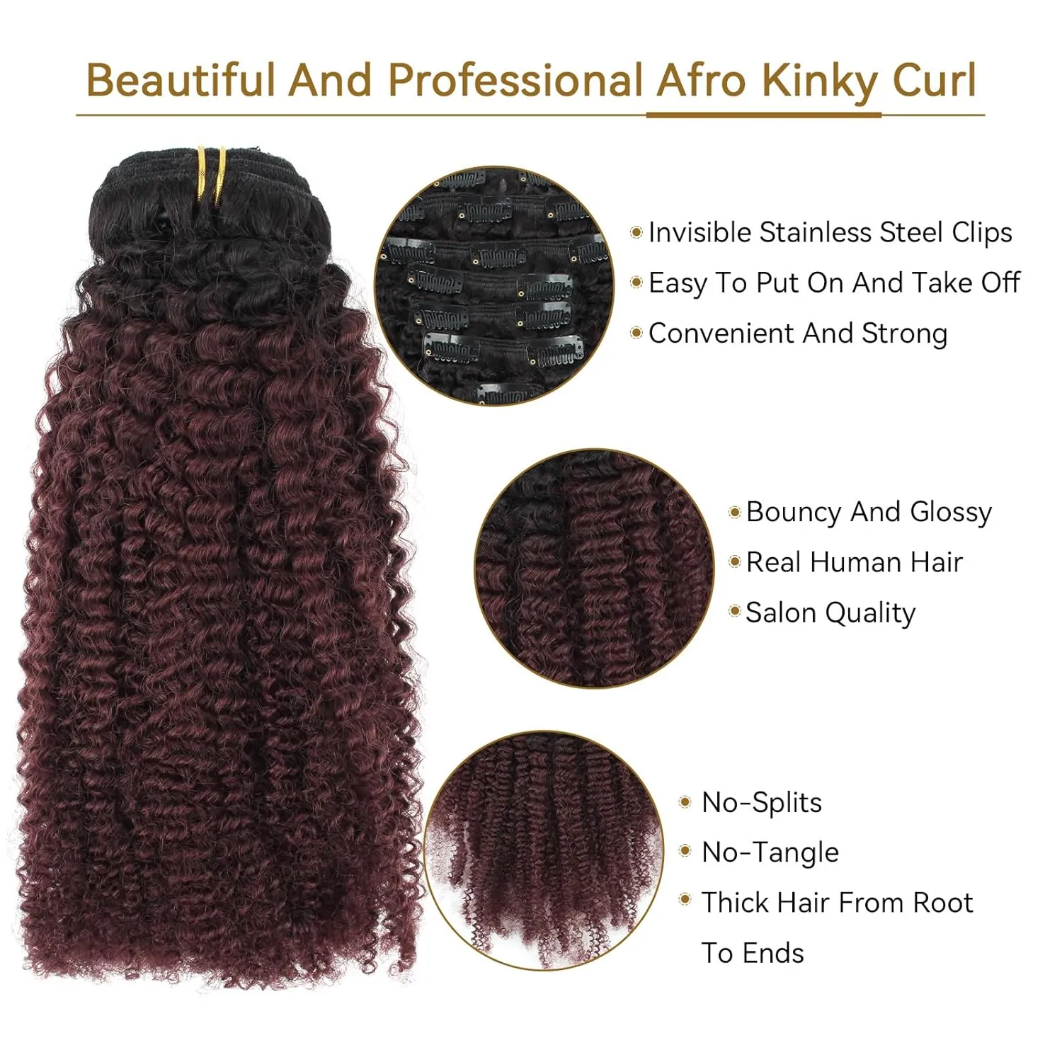 ABH AMAZINGBEAUTY HAIR Afro Kinky Curly Human Hair Clip-ins 20 Inch 7Pcs 3C 4A Extensions for Black Girls - Two Tone Ombre Burgundy Wine Red 120 Gram
