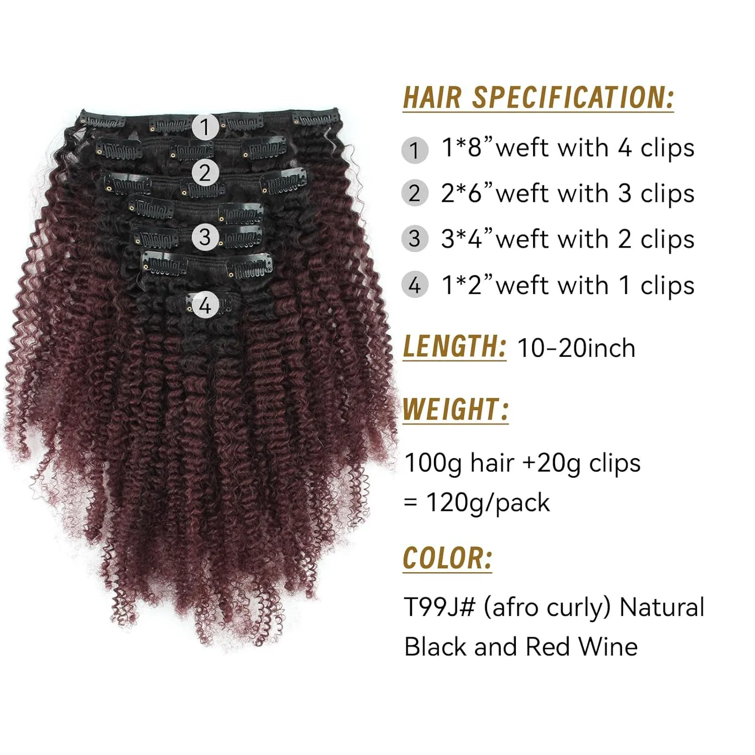 ABH AMAZINGBEAUTY HAIR Afro Kinky Curly Human Hair Clip-ins 20 Inch 7Pcs 3C 4A Extensions for Black Girls - Two Tone Ombre Burgundy Wine Red 120 Gram