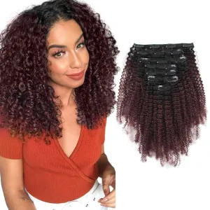 ABH AMAZINGBEAUTY HAIR Afro Kinky Curly Human Hair Clip-ins 20 Inch 7Pcs 3C 4A Extensions for Black Girls - Two Tone Ombre Burgundy Wine Red 120 Gram