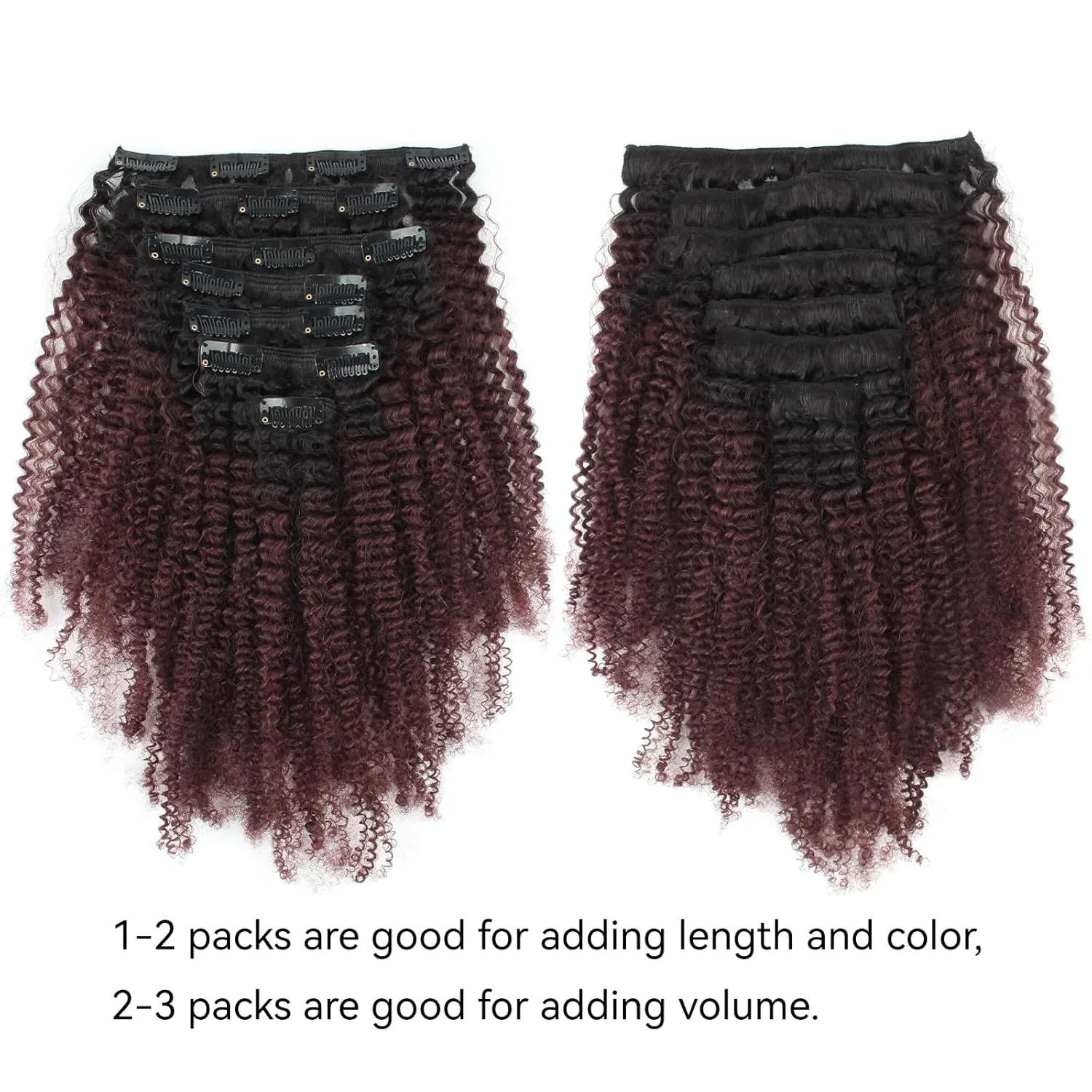 ABH AMAZINGBEAUTY HAIR Afro Kinky Curly Human Hair Clip-ins 20 Inch 7Pcs 3C 4A Extensions for Black Girls - Two Tone Ombre Burgundy Wine Red 120 Gram