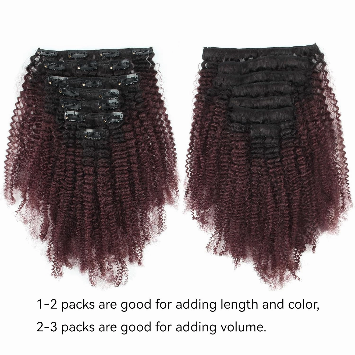 ABH AMAZINGBEAUTY HAIR 4B 4C Afro Coily Clip in Hair Extensions Human Hair For Black Women Double Wefts Afro Kinky Curly Clip in Human Hair 120G 7Pcs Natural Black and Red Wine T#1B/99j 12 Inch