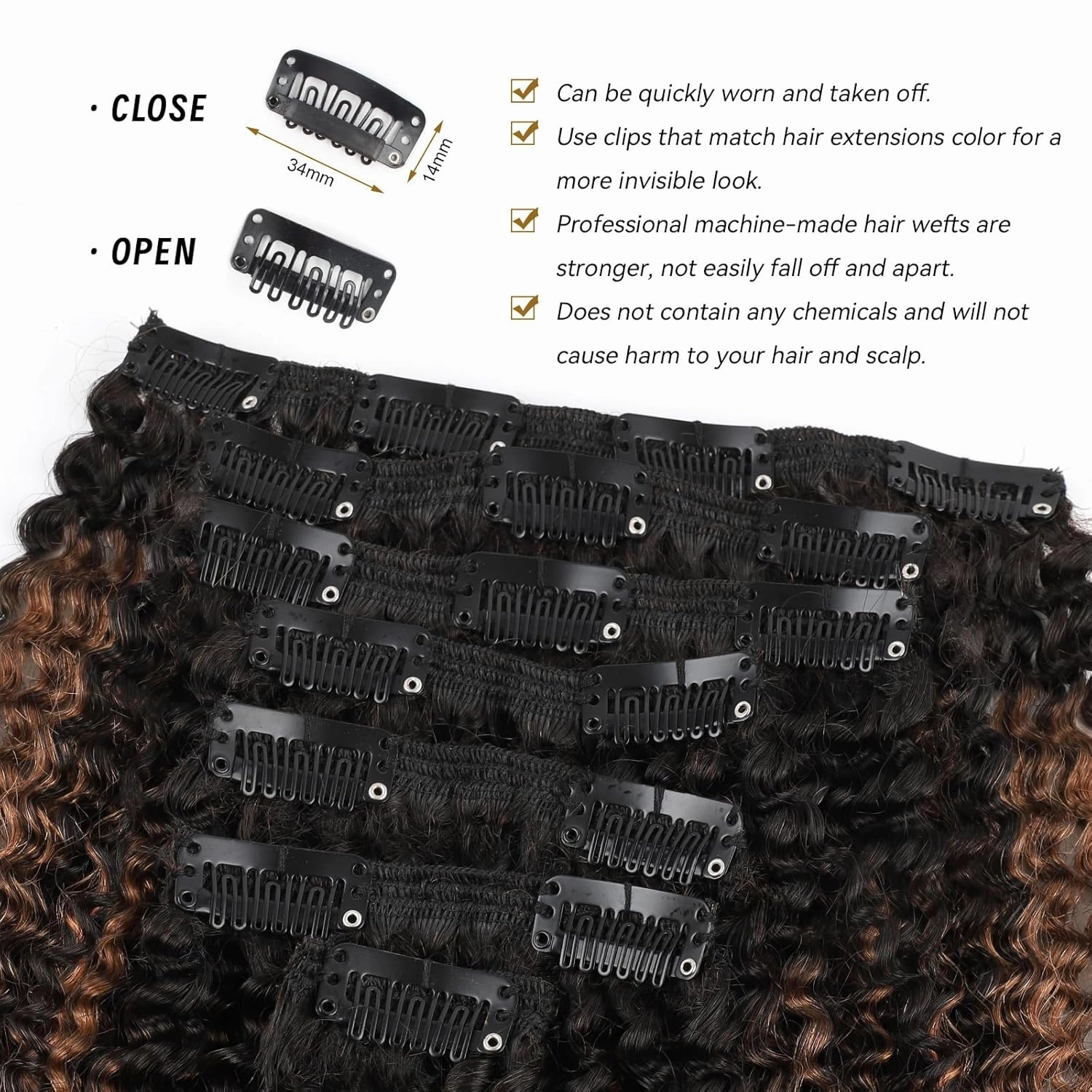 ABH AMAZINGBEAUTY HAIR Afro Curly Clip in Hair Extensions Real Human Hair 4A 4B Curly Clip ins for Black Women 120g 7 Pieces 17 Clips, Ombre Highlight 1B to Auburn 14 Inch