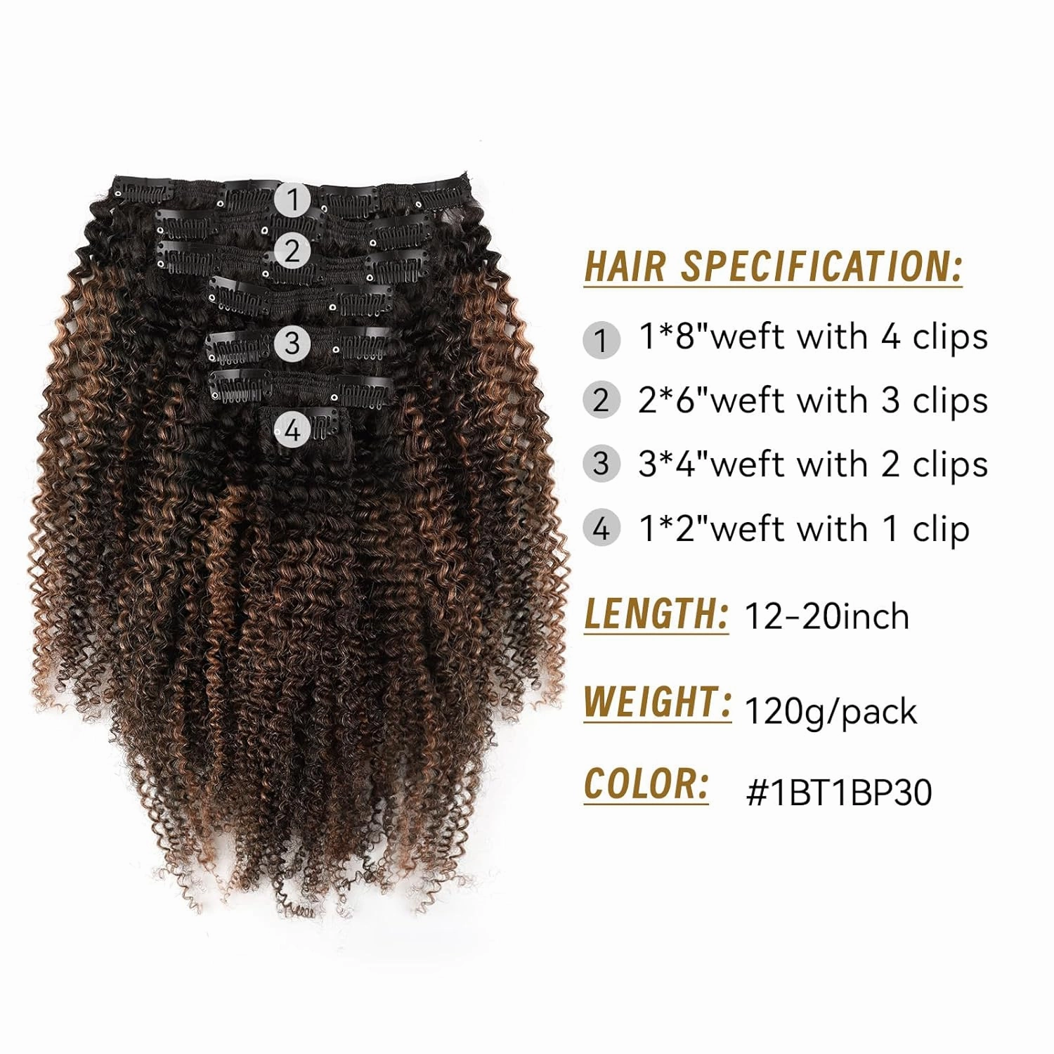 ABH AMAZINGBEAUTY HAIR Afro Curly Clip in Hair Extensions Real Human Hair 4A 4B Curly Clip ins for Black Women 120g 7 Pieces 17 Clips, Ombre Highlight 1B to Auburn 14 Inch