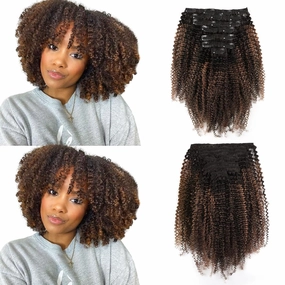 ABH AMAZINGBEAUTY HAIR Afro Curly Clip in Hair Extensions Real Human Hair 4A 4B Curly Clip ins for Black Women 120g 7 Pieces 17 Clips, Ombre Highlight 1B to Auburn 14 Inch