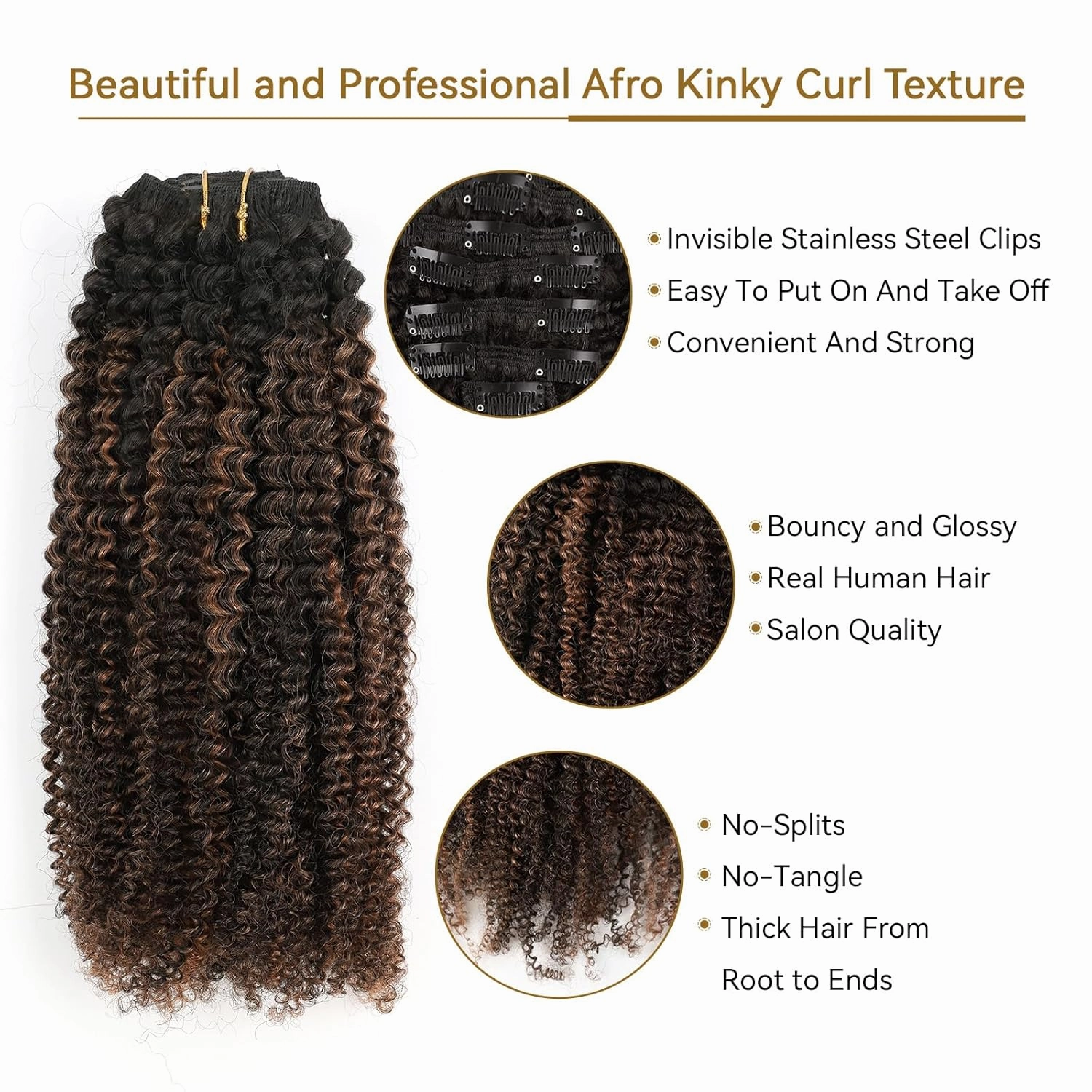 ABH AMAZINGBEAUTY HAIR Afro Curly Clip in Hair Extensions Real Human Hair 4A 4B Curly Clip ins for Black Women 120g 7 Pieces 17 Clips, Ombre Highlight 1B to Auburn 14 Inch