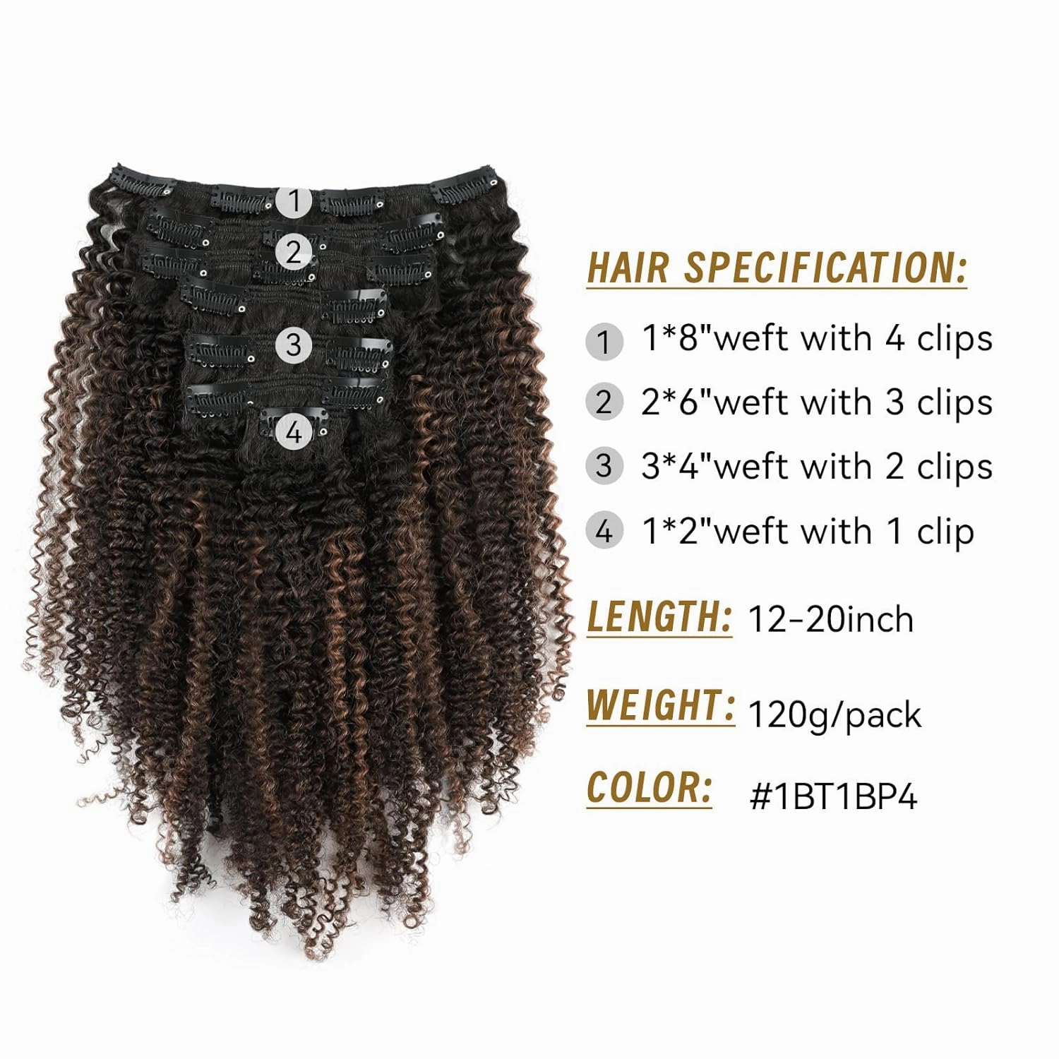 ABH AMAZINGBEAUTY HAIR Afro Curly Clip in Hair Extensions Real Human Hair 4A 4B Curly Clip ins for Black Women 120g 7 Pieces 17 Clips, Ombre Highlight 1B to Brown 12 Inch