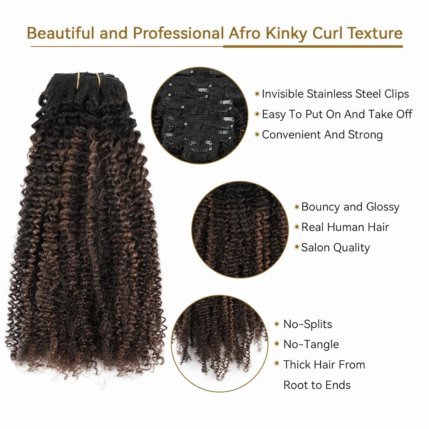 ABH AMAZINGBEAUTY HAIR Afro Curly Clip in Hair Extensions Real Human Hair 4A 4B Curly Clip ins for Black Women 120g 7 Pieces 17 Clips, Ombre Highlight 1B to Brown 12 Inch