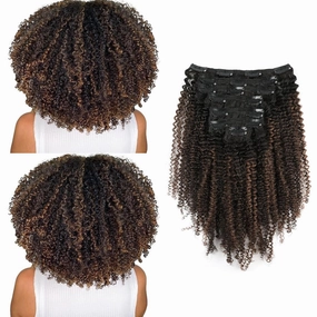ABH AMAZINGBEAUTY HAIR Afro Curly Clip in Hair Extensions Real Human Hair 4A 4B Curly Clip ins for Black Women 120g 7 Pieces 17 Clips, Ombre Highlight 1B to Brown 12 Inch