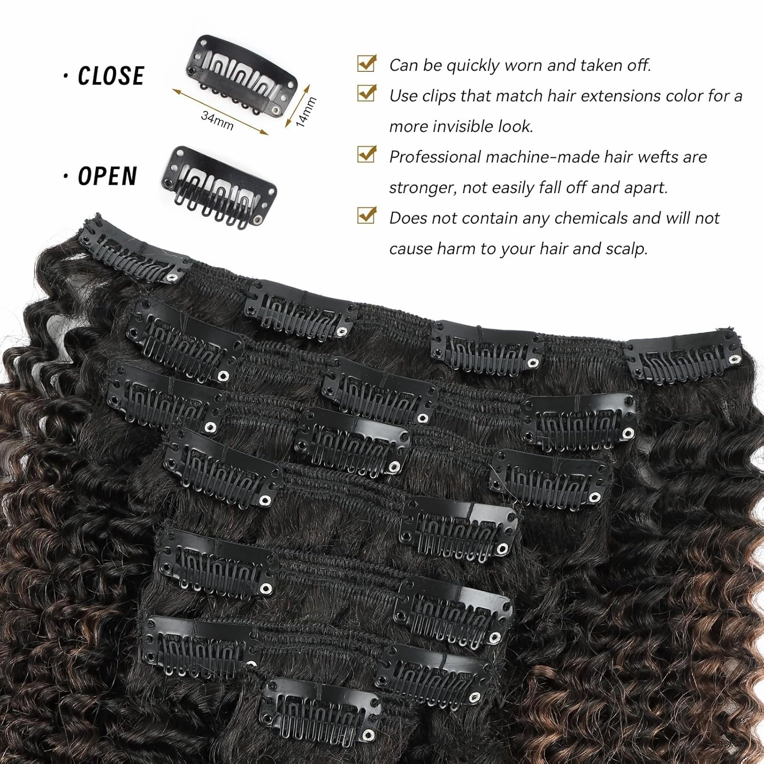 ABH AMAZINGBEAUTY HAIR Afro Curly Clip in Hair Extensions Real Human Hair 4A 4B Curly Clip ins for Black Women 120g 7 Pieces 17 Clips, Ombre Highlight 1B to Brown 12 Inch