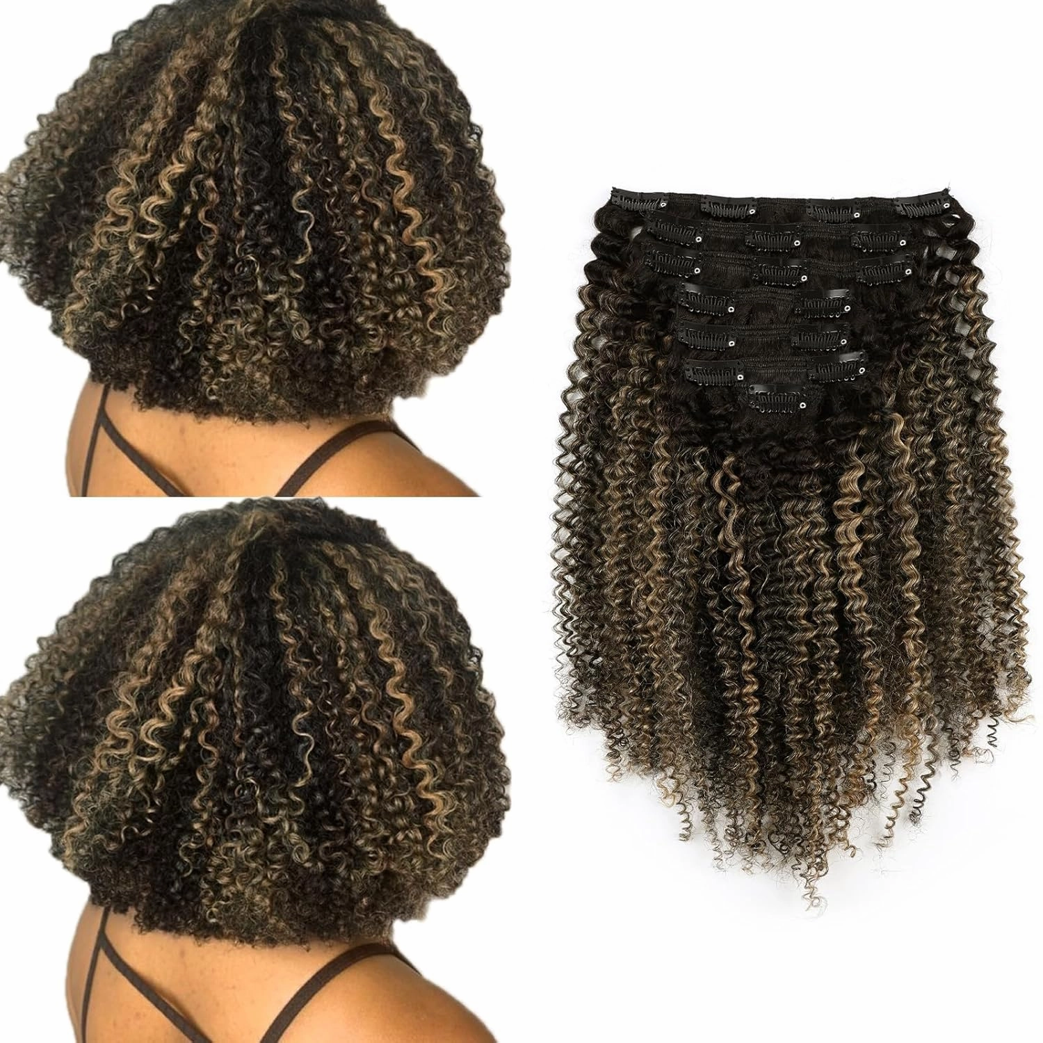 ABH AMAZINGBEAUTY HAIR Afro Curly Clip in Hair Extensions Real Human Hair 4A 4B Curly Clip ins for Black Women 120g 7 Pieces 17 Clips, Ombre Highlight 1B to Honey Blonde 14 Inch