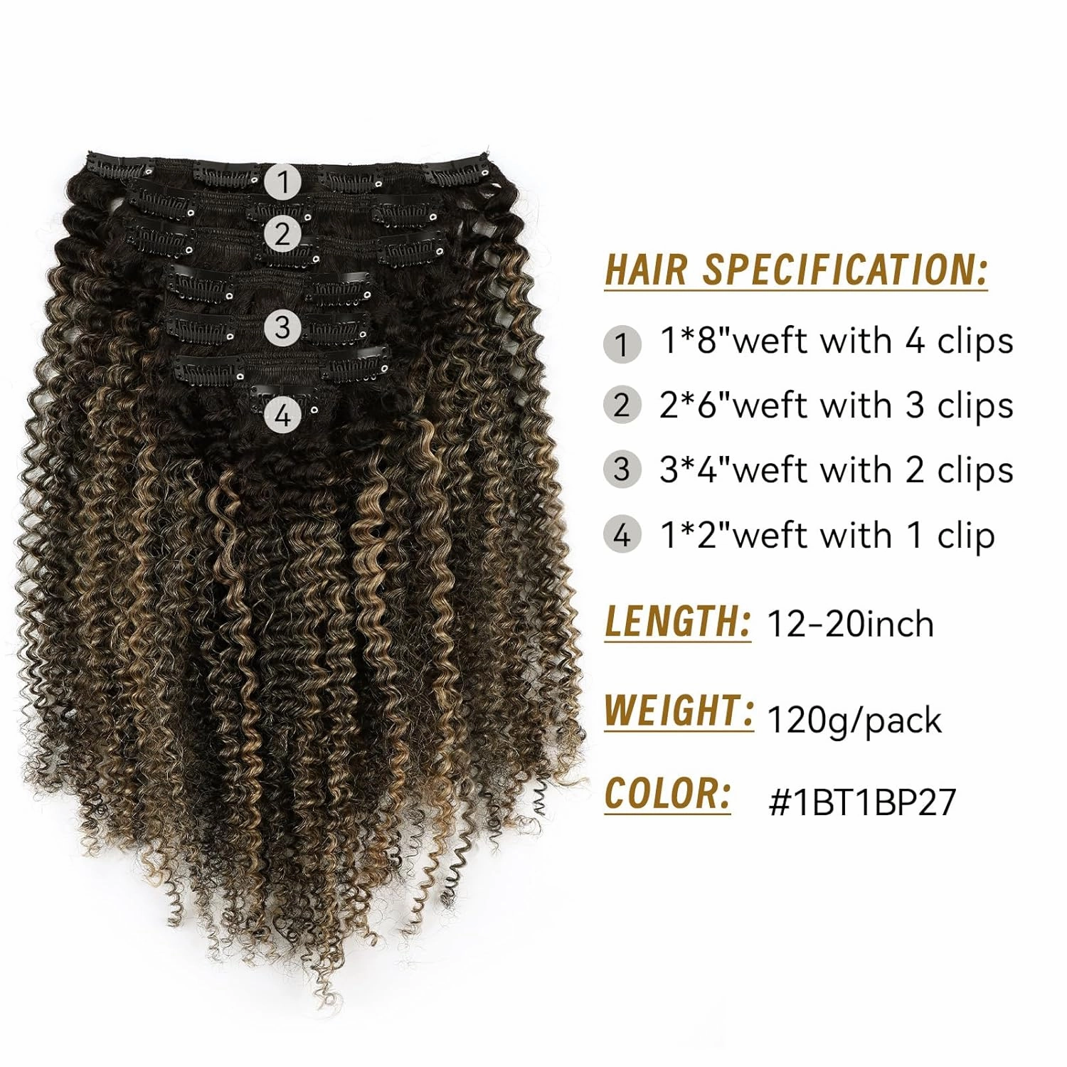 ABH AMAZINGBEAUTY HAIR Afro Curly Clip in Hair Extensions Real Human Hair 4A 4B Curly Clip ins for Black Women 120g 7 Pieces 17 Clips, Ombre Highlight 1B to Honey Blonde 14 Inch
