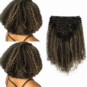 ABH AMAZINGBEAUTY HAIR Afro Curly Clip in Hair Extensions Real Human Hair 4A 4B Curly Clip ins for Black Women 120g 7 Pieces 17 Clips, Ombre Highlight 1B to Honey Blonde 14 Inch
