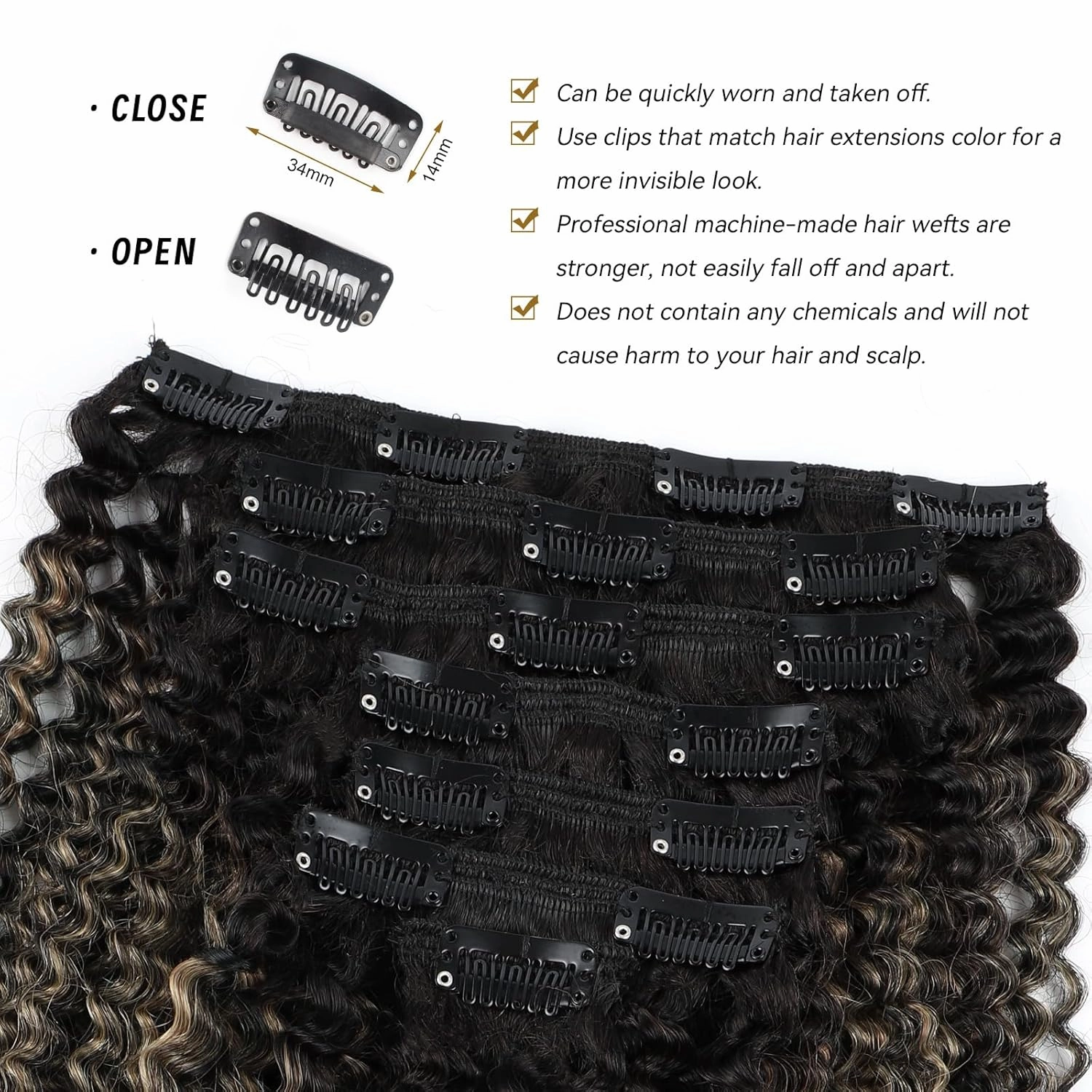 ABH AMAZINGBEAUTY HAIR Afro Curly Clip in Hair Extensions Real Human Hair 4A 4B Curly Clip ins for Black Women 120g 7 Pieces 17 Clips, Ombre Highlight 1B to Honey Blonde 14 Inch