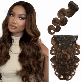 ABH AMAZINGBEAUTY HAIR Body Wave Clip in Extensions Real Human Hair Body Wave Clip ins Wave Hair Rooted Black Piano Natural Black #1B Fading into Light Auburn #30 Two Tone 120G 22 Inch