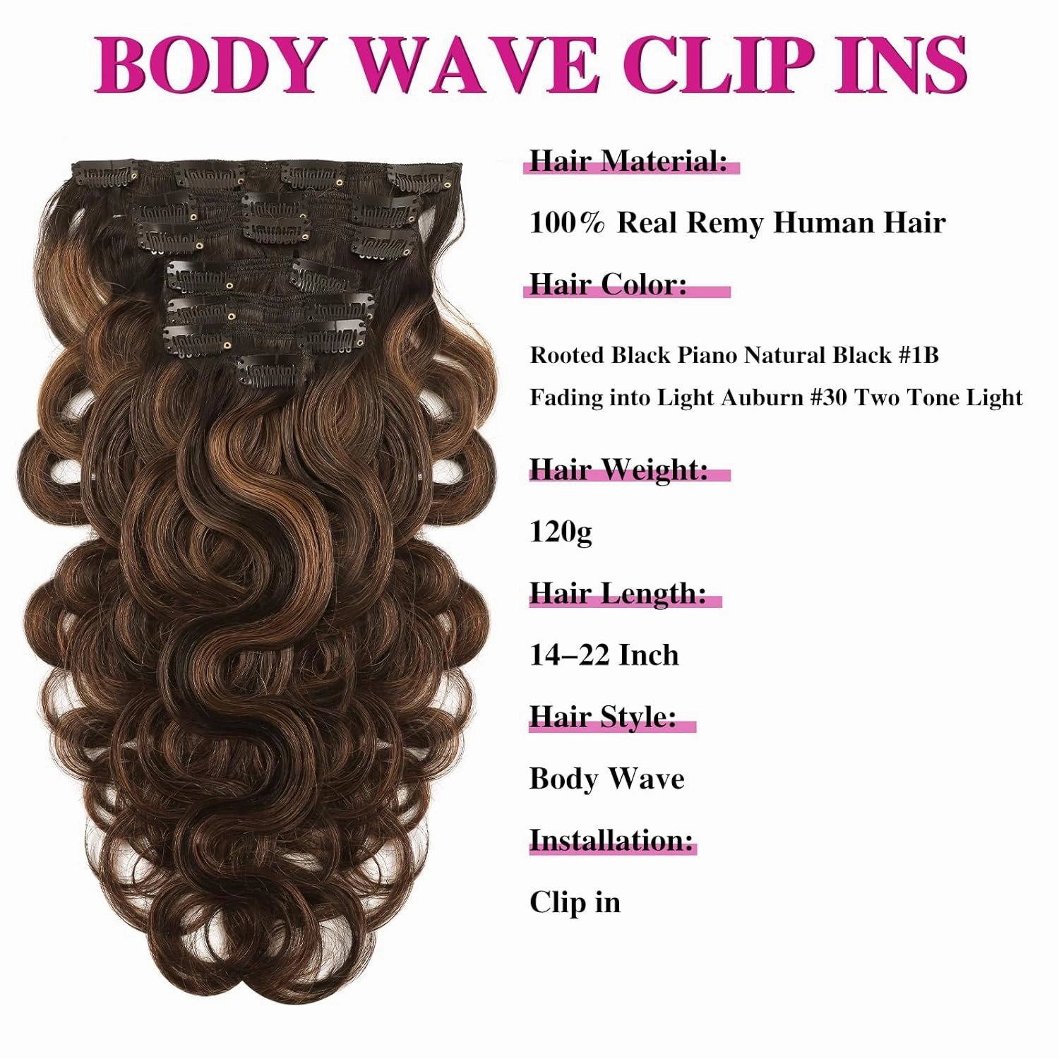 ABH AMAZINGBEAUTY HAIR Body Wave Clip in Extensions Real Human Hair Body Wave Clip ins Wave Hair Rooted Black Piano Natural Black #1B Fading into Light Auburn #30 Two Tone 120G 22 Inch