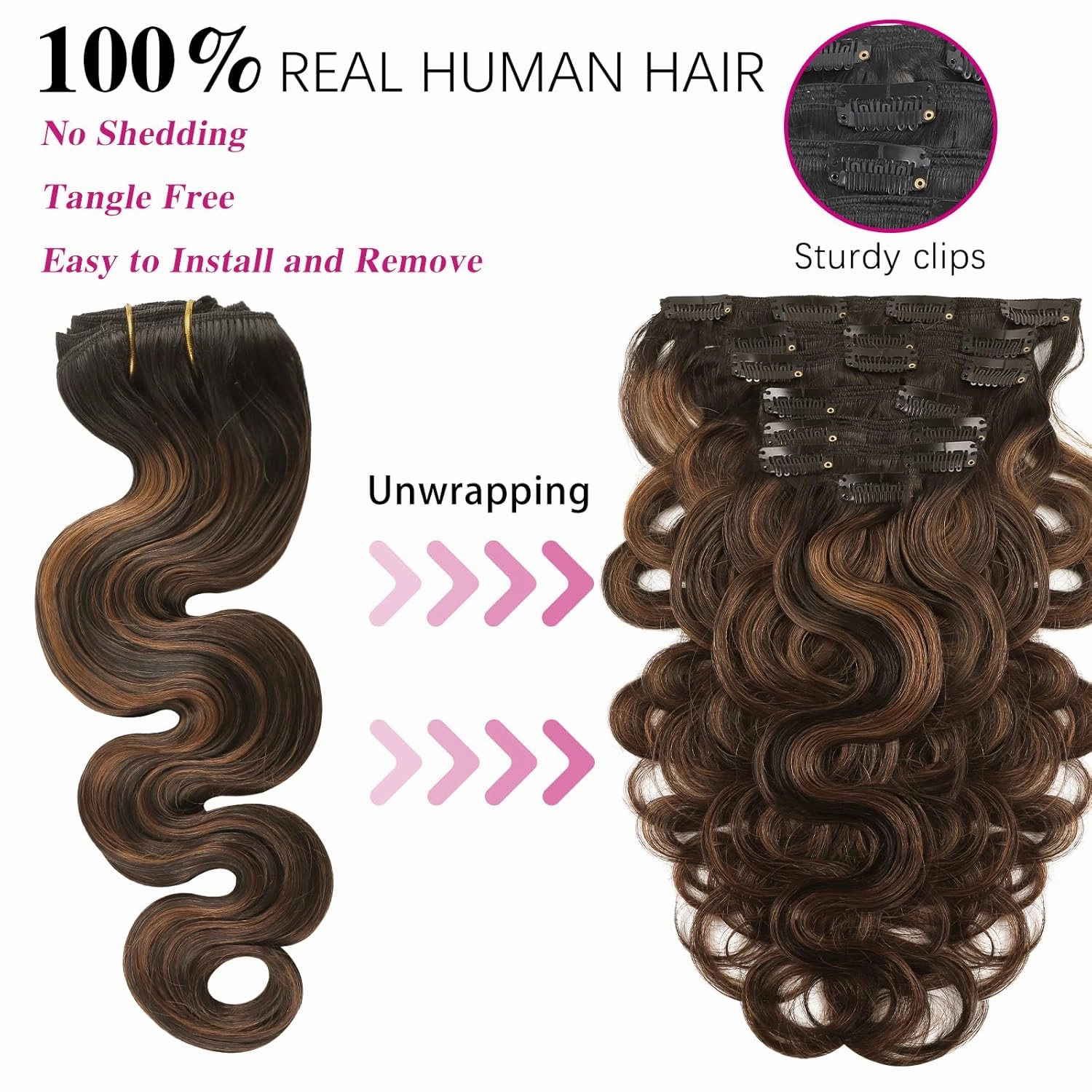 ABH AMAZINGBEAUTY HAIR Body Wave Clip in Extensions Real Human Hair Body Wave Clip ins Wave Hair Rooted Black Piano Natural Black #1B Fading into Light Auburn #30 Two Tone 120G 22 Inch