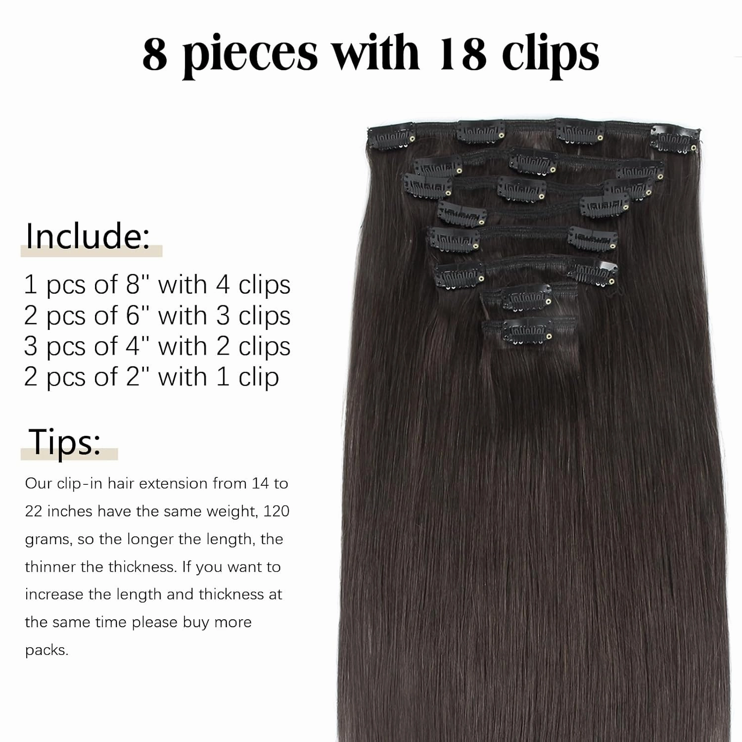 ABH AMAZINGBEAUTY HAIR Clip in Hair Extensions - Real Human Hair, Black, Invisible, Straight, Double-side Skin Wefts, Off Black #1B, 8Pcs With 18 Clips, 120G, 20 Inch