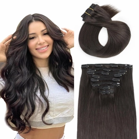 ABH AMAZINGBEAUTY HAIR Clip in Hair Extensions - Real Human Hair, Black, Invisible, Straight, Double-side Skin Wefts, Off Black #1B, 8Pcs With 18 Clips, 120G, 20 Inch