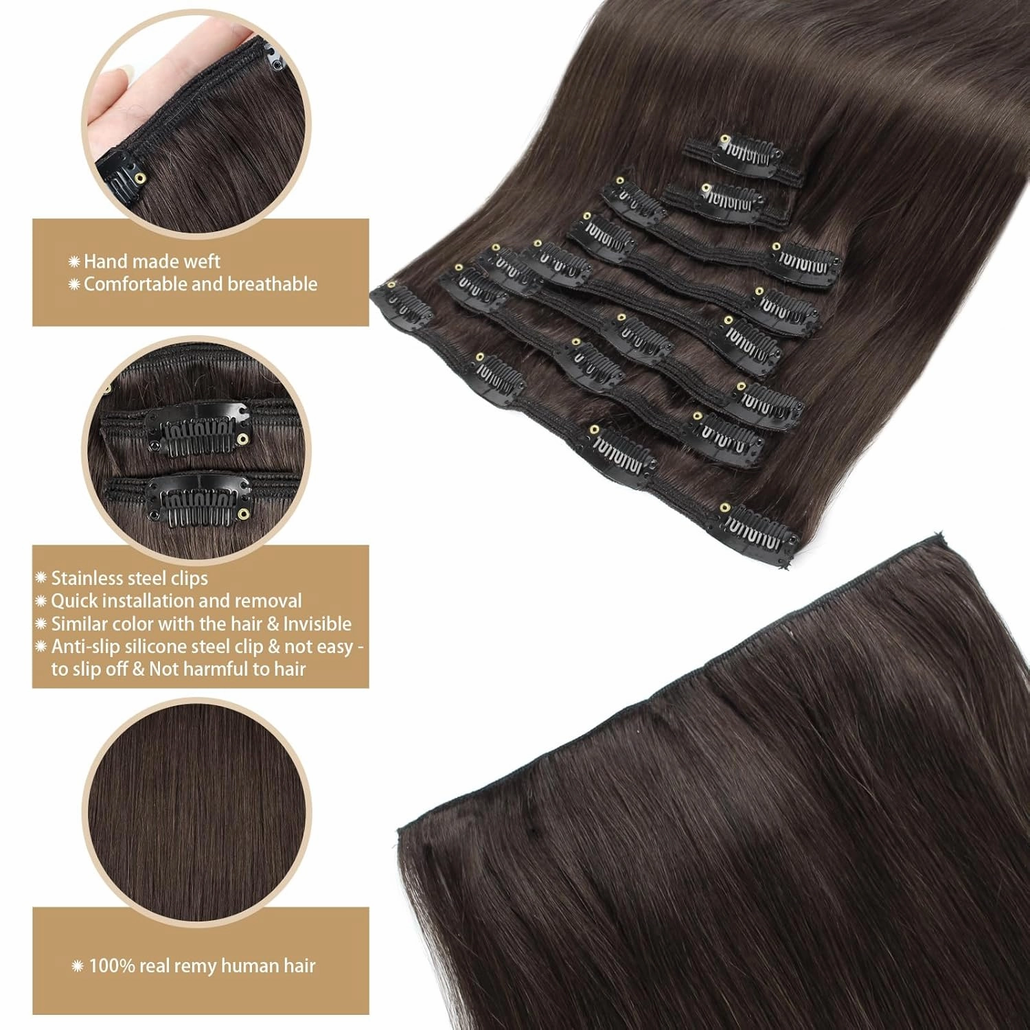 ABH AMAZINGBEAUTY HAIR Clip in Hair Extensions - Real Human Hair, Black, Invisible, Straight, Double-side Skin Wefts, Off Black #1B, 8Pcs With 18 Clips, 120G, 20 Inch