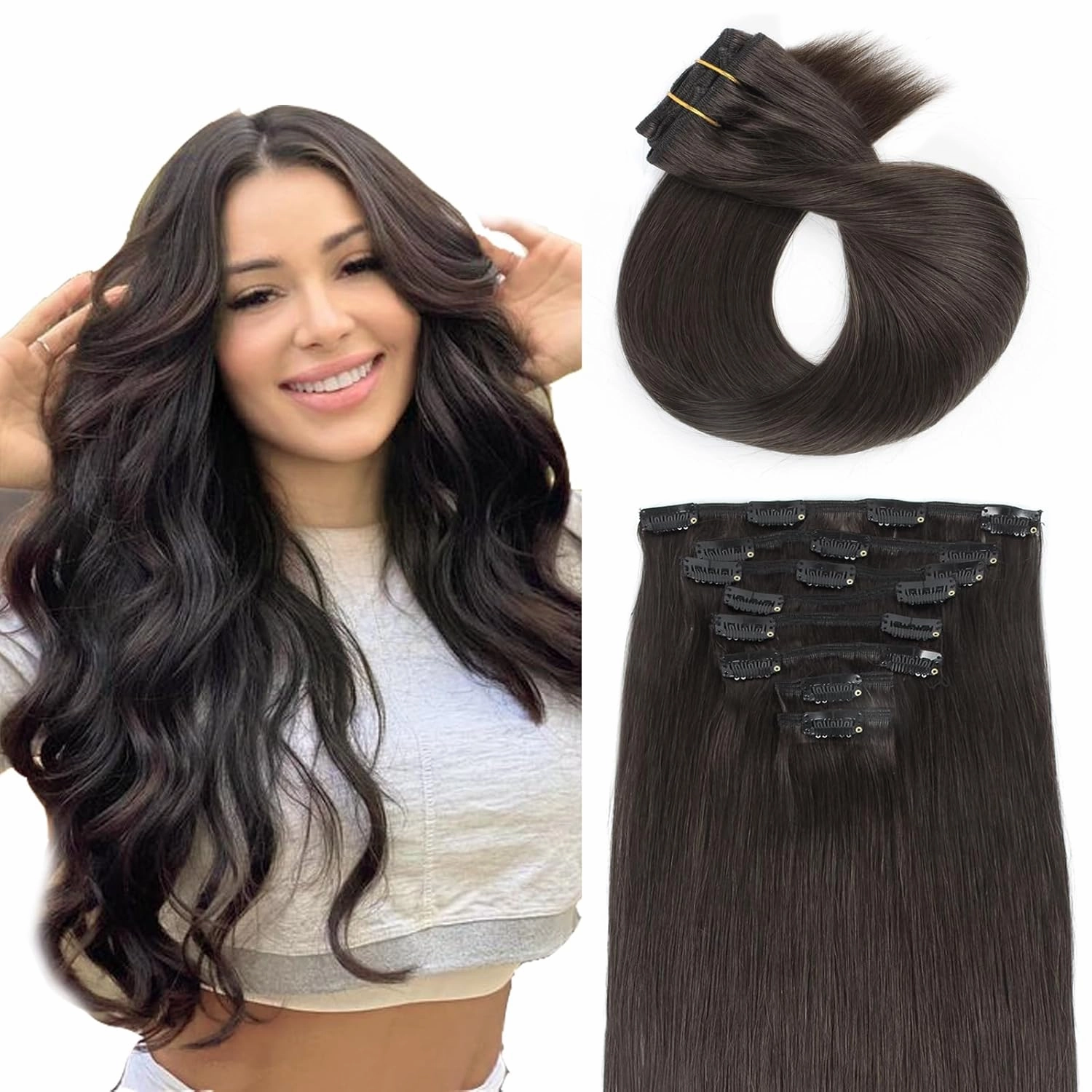 ABH AMAZINGBEAUTY HAIR Clip in Hair Extensions - Real Human Hair, Black, Invisible, Straight, Double-side Skin Wefts, Off Black #1B, 8Pcs With 18 Clips, 120G, 20 Inch