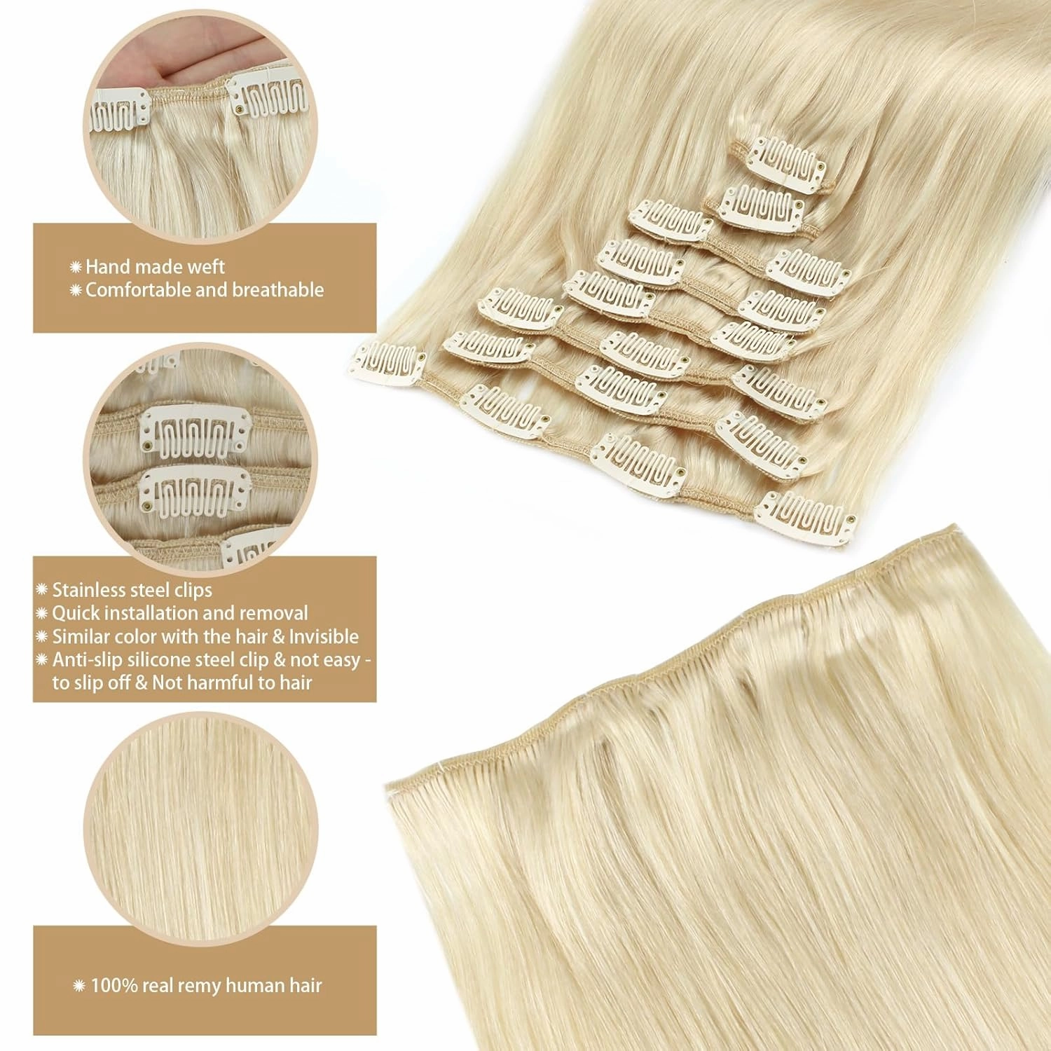 ABH AMAZINGBEAUTY HAIR Clip in Hair Extensions Blonde Real Human Hair Extensions Clip ins Remy Straight Clip ins Human Hair Straight Platinum Ash Blonde #60 Color 14 Inch 8pcs With 18 Clips 120G