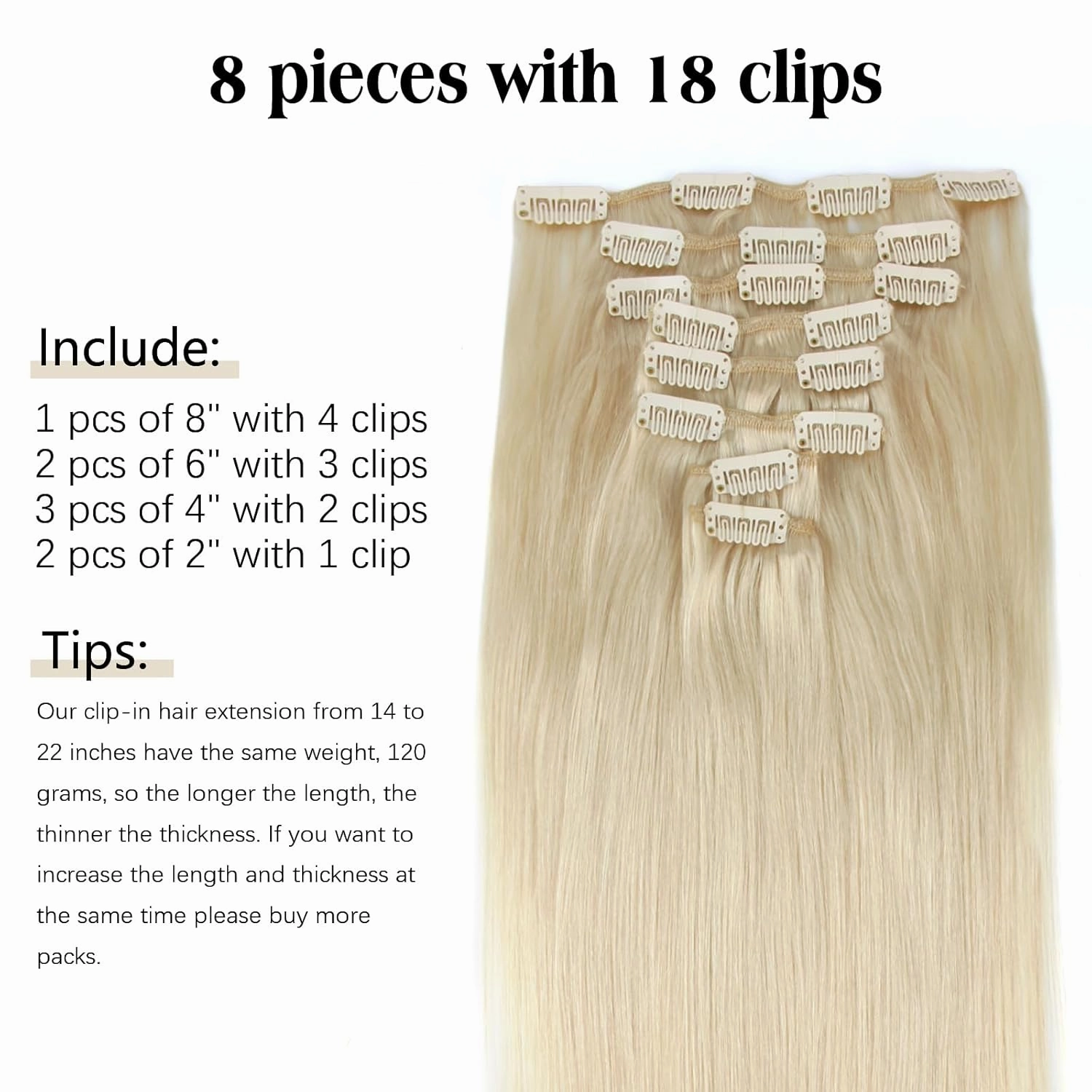ABH AMAZINGBEAUTY HAIR Clip in Hair Extensions Blonde Real Human Hair Extensions Clip ins Remy Straight Clip ins Human Hair Straight Platinum Ash Blonde #60 Color 14 Inch 8pcs With 18 Clips 120G