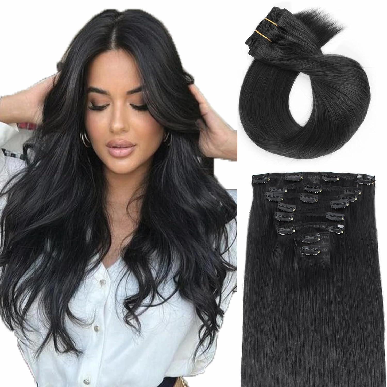 ABH AMAZINGBEAUTY HAIR Clip in Hair Extensions Real Human Hair Clip Extensions Real Human Hair Clip ins Black Silky and Soft Full Head Clip ins Human Hair Jet Black #1 Color 8 Pcs 14inch 120g