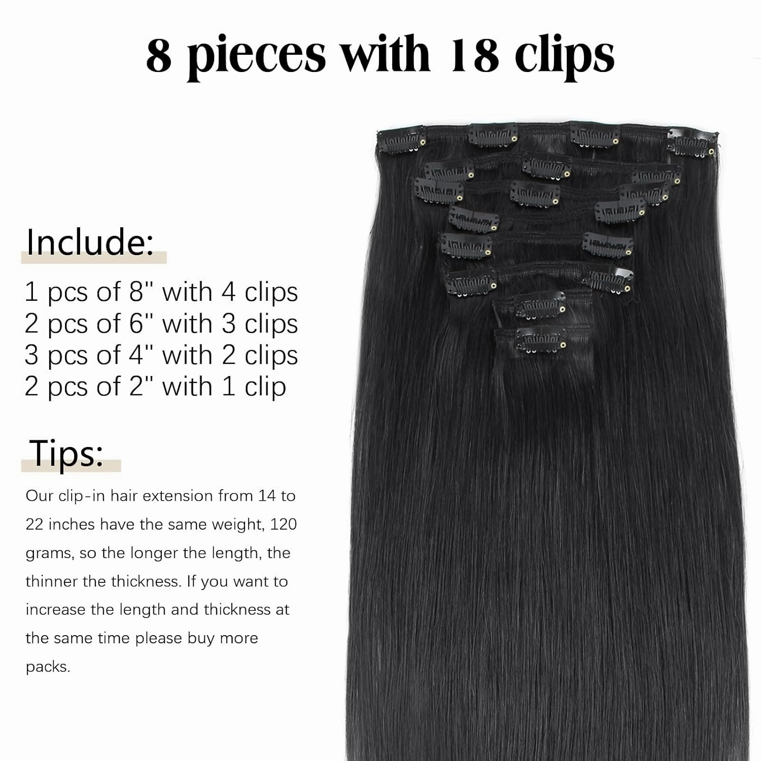 ABH AMAZINGBEAUTY HAIR Clip in Hair Extensions Real Human Hair Clip Extensions Real Human Hair Clip ins Black Silky and Soft Full Head Clip ins Human Hair Jet Black #1 Color 8 Pcs 14inch 120g