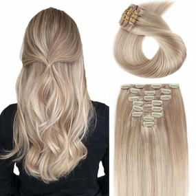 ABH AMAZINGBEAUTY HAIR Clip in Human Hair Extensions 20 Inch 8pcs/120g Ash Blonde Highlights Golden Blonde Real Hair Extensions Double Weft