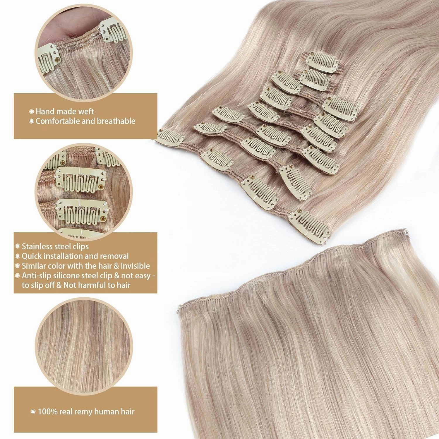 ABH AMAZINGBEAUTY HAIR Clip in Human Hair Extensions 20 Inch 8pcs/120g Ash Blonde Highlights Golden Blonde Real Hair Extensions Double Weft