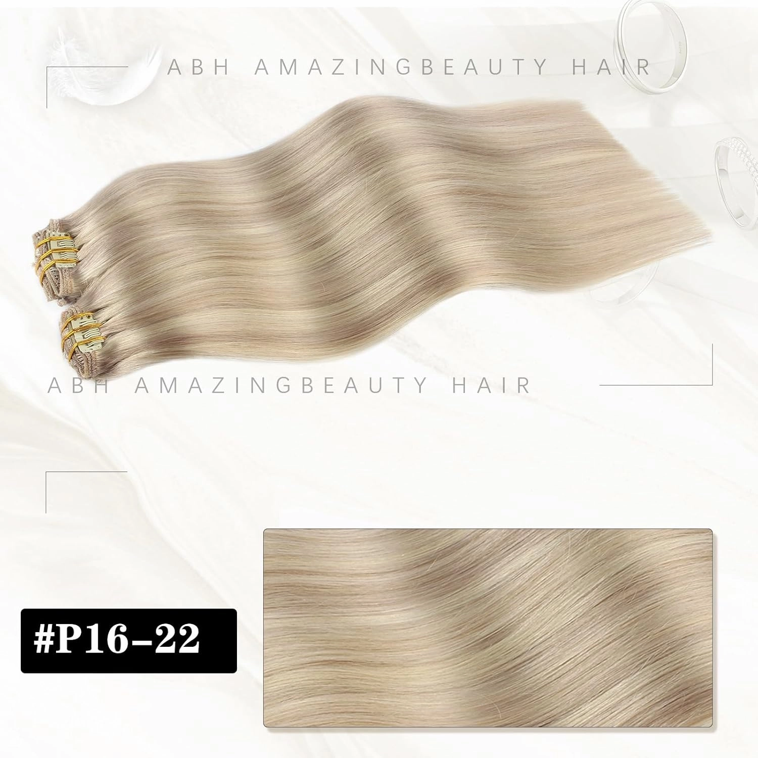 ABH AMAZINGBEAUTY HAIR Clip in Human Hair Extensions 20 Inch 8pcs/120g Ash Blonde Highlights Golden Blonde Real Hair Extensions Double Weft