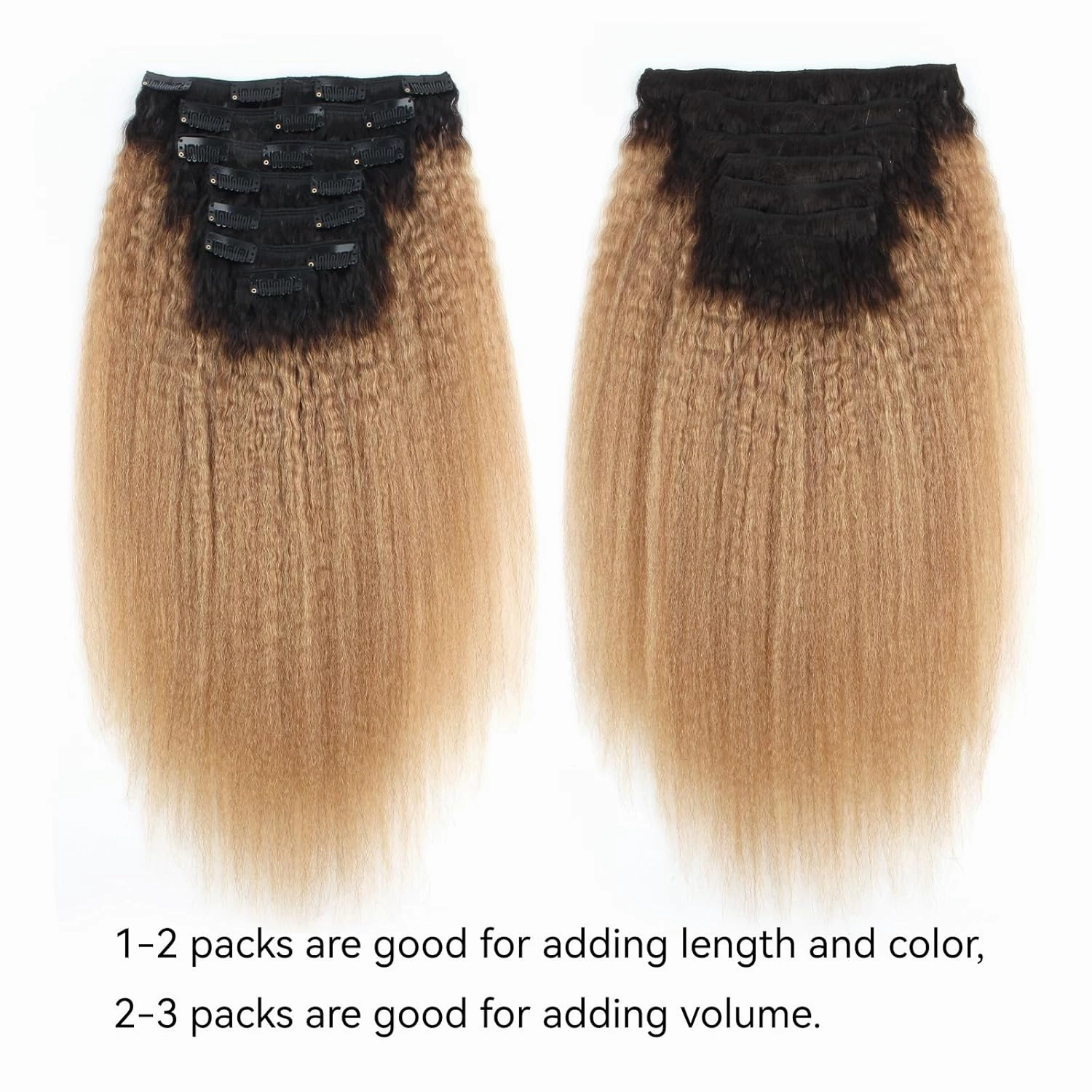 ABH AMAZINGBEAUTY HAIR Human Hair Extensions Clip ins Kinky Straight Full Head Brazilian Virgin Hair 12 Inch Ombre Brown Blonde T#27 Yaki Kinky Straight Hair Extensions Human Hair Clip ins 7Pcs 120G