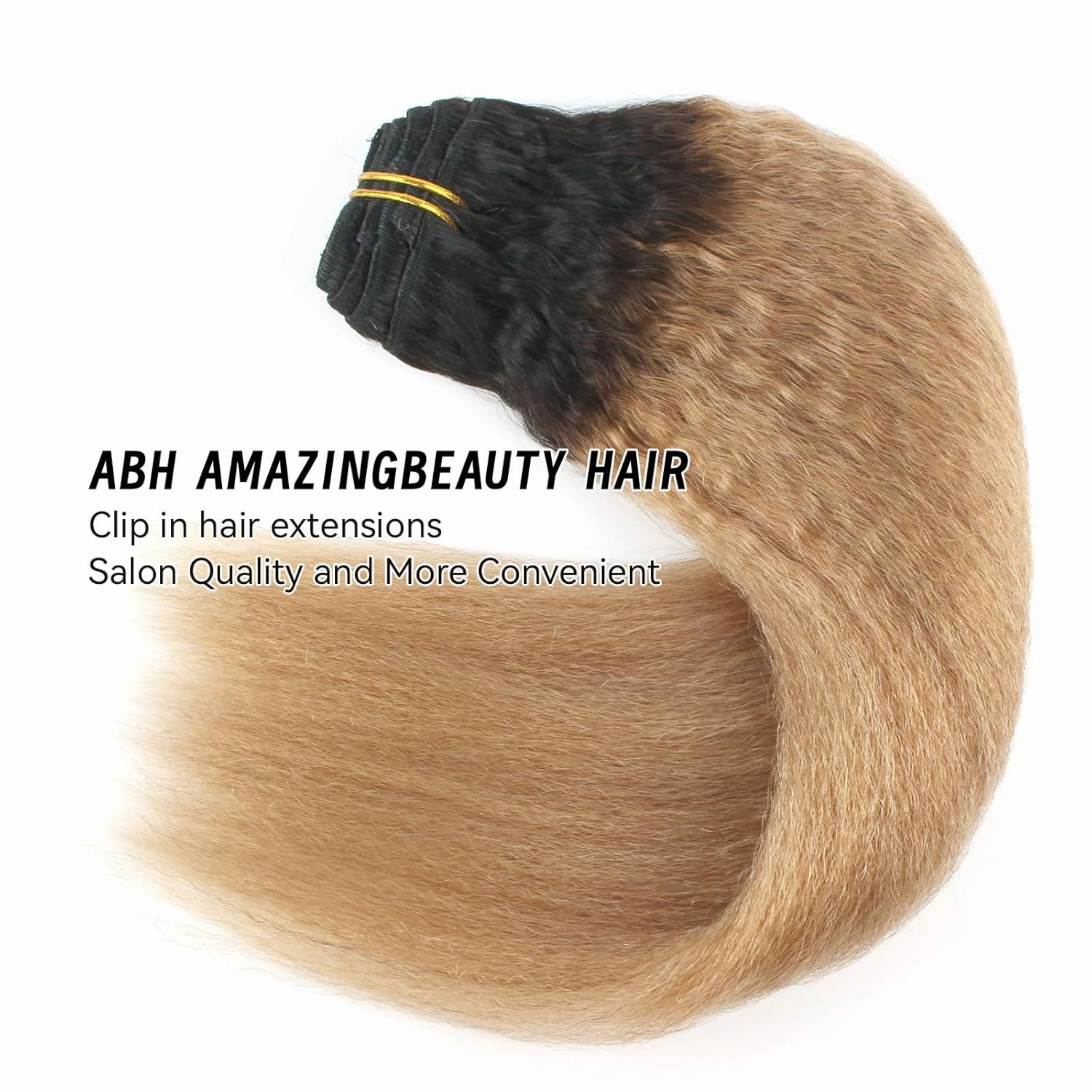 ABH AMAZINGBEAUTY HAIR Human Hair Extensions Clip ins Kinky Straight Full Head Brazilian Virgin Hair 12 Inch Ombre Brown Blonde T#27 Yaki Kinky Straight Hair Extensions Human Hair Clip ins 7Pcs 120G