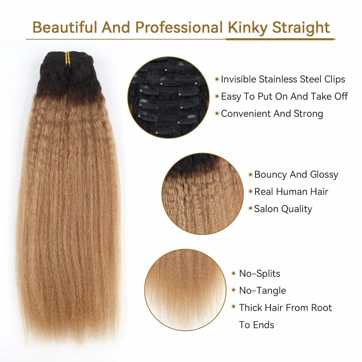ABH AMAZINGBEAUTY HAIR Human Hair Extensions Clip ins Kinky Straight Full Head Brazilian Virgin Hair 12 Inch Ombre Brown Blonde T#27 Yaki Kinky Straight Hair Extensions Human Hair Clip ins 7Pcs 120G