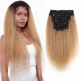 ABH AMAZINGBEAUTY HAIR Human Hair Extensions Clip ins Kinky Straight Full Head Brazilian Virgin Hair 12 Inch Ombre Brown Blonde T#27 Yaki Kinky Straight Hair Extensions Human Hair Clip ins 7Pcs 120G