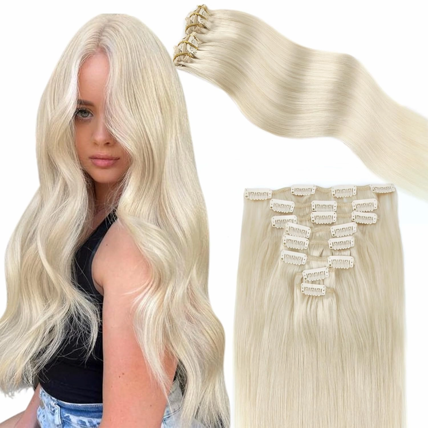 ABH AMAZINGBEAUTY HAIR Human Hair Extensions Clip ins Straight Clip in Hair Extensions Human Hair Ice Blonde Invisible Double Side Skin Wefts Clip ins 14 Inch #1000 White Blonde 8pcs 120G