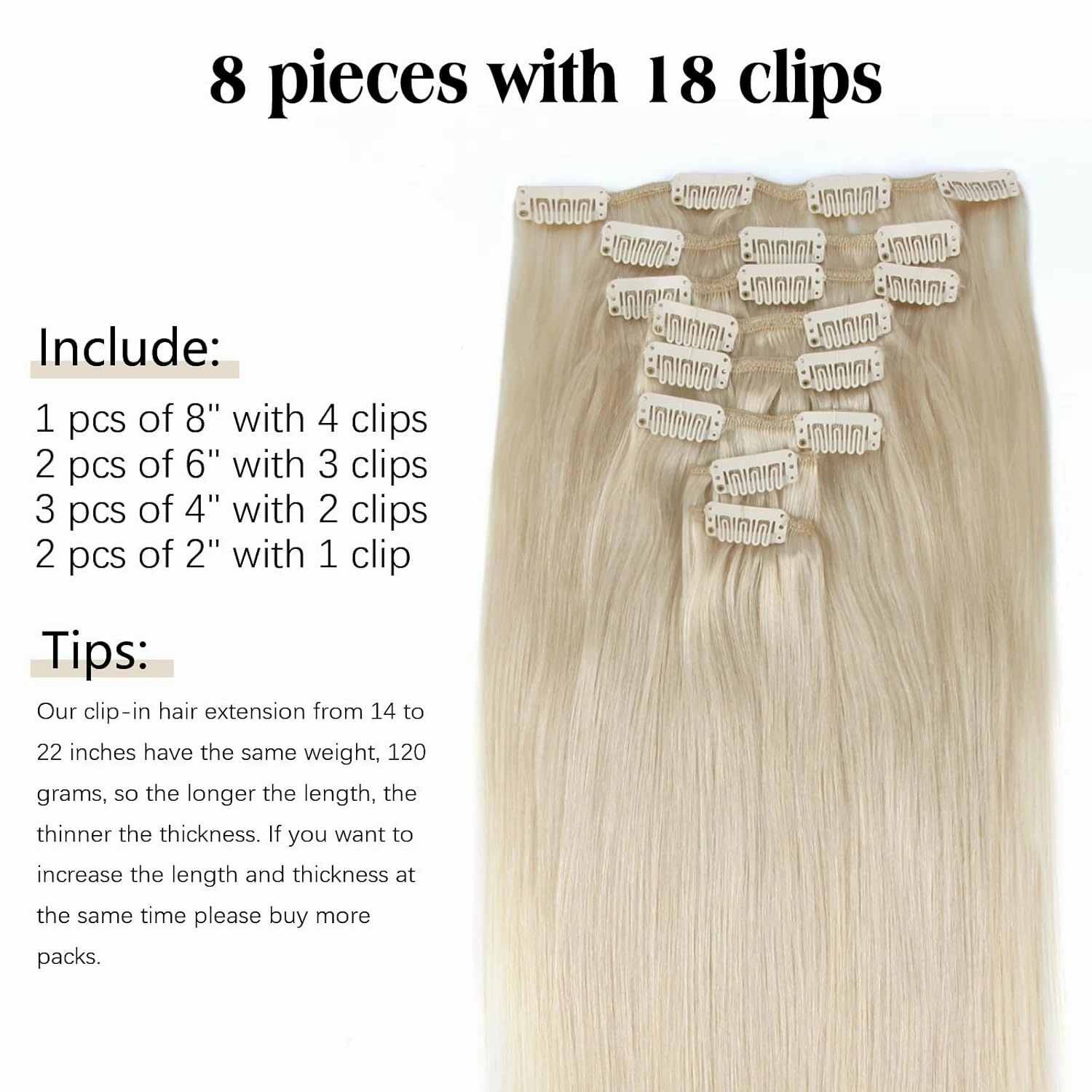ABH AMAZINGBEAUTY HAIR Human Hair Extensions Clip ins Straight Clip in Hair Extensions Human Hair Ice Blonde Invisible Double Side Skin Wefts Clip ins 14 Inch #1000 White Blonde 8pcs 120G