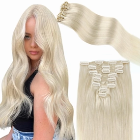 ABH AMAZINGBEAUTY HAIR Human Hair Extensions Clip ins Straight Clip in Hair Extensions Human Hair Ice Blonde Invisible Double Side Skin Wefts Clip ins 14 Inch #1000 White Blonde 8pcs 120G