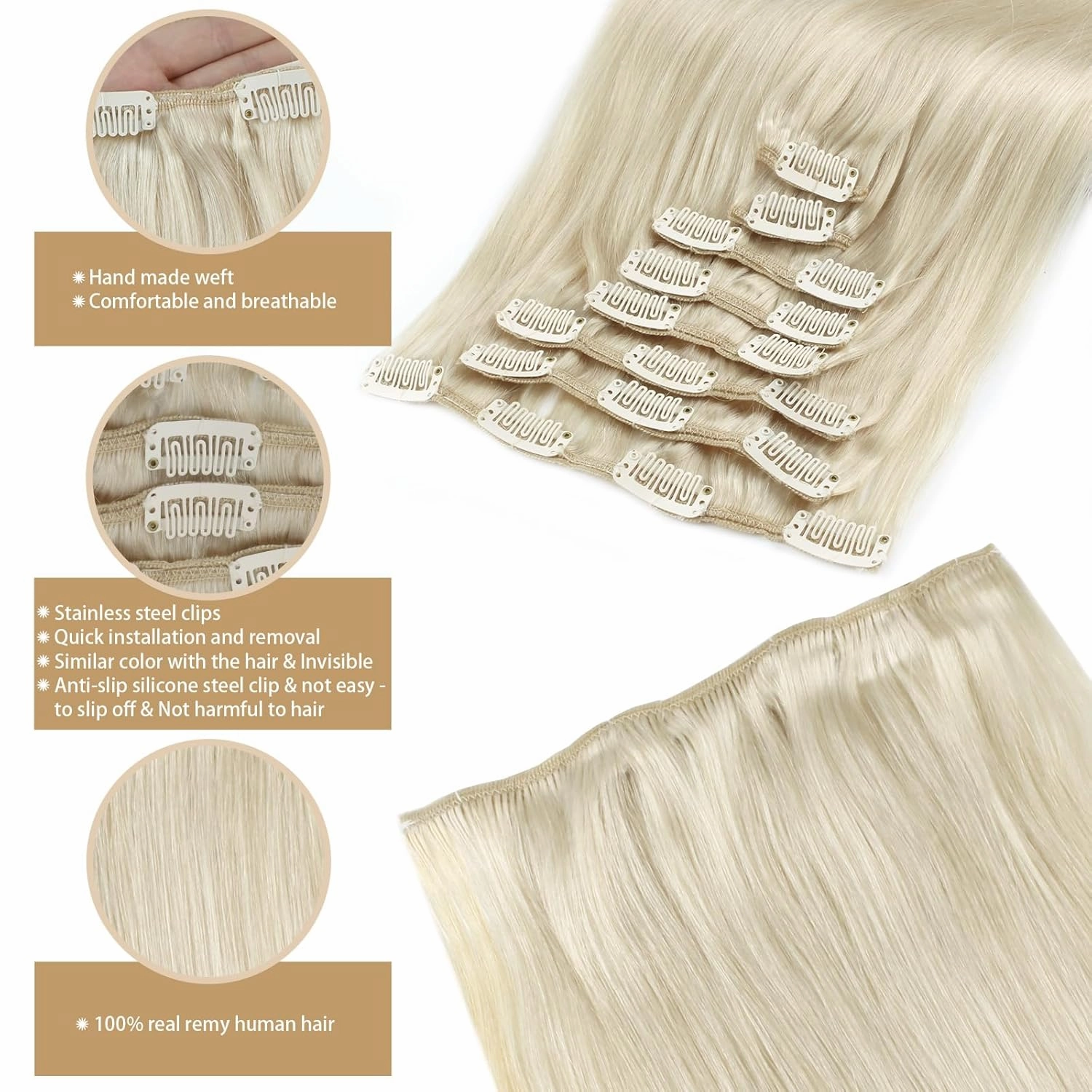 ABH AMAZINGBEAUTY HAIR Human Hair Extensions Clip ins Straight Clip in Hair Extensions Human Hair Ice Blonde Invisible Double Side Skin Wefts Clip ins 14 Inch #1000 White Blonde 8pcs 120G